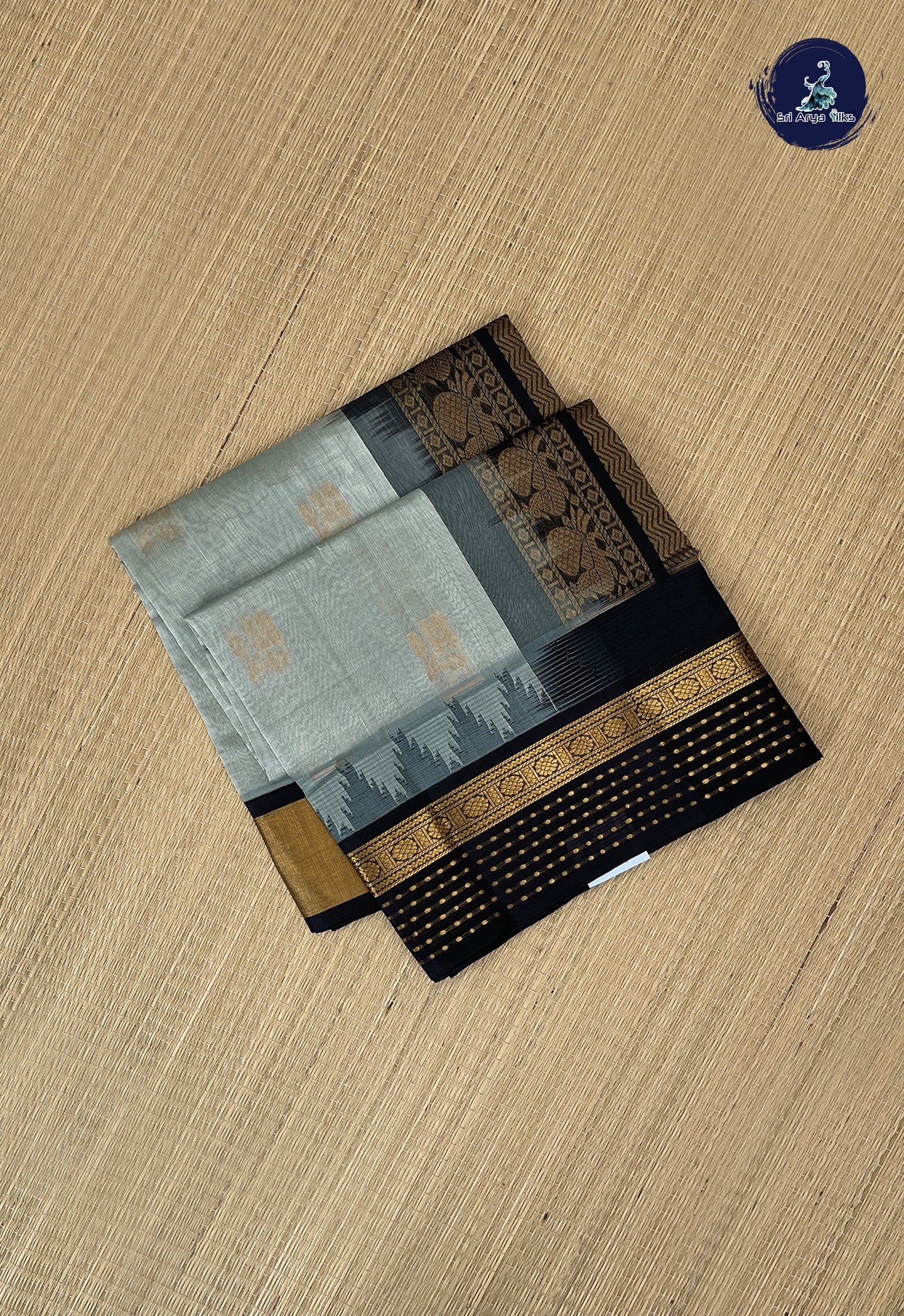 Greenish Grey Korvai Silk Cotton Saree With Zari Buttas Pattern