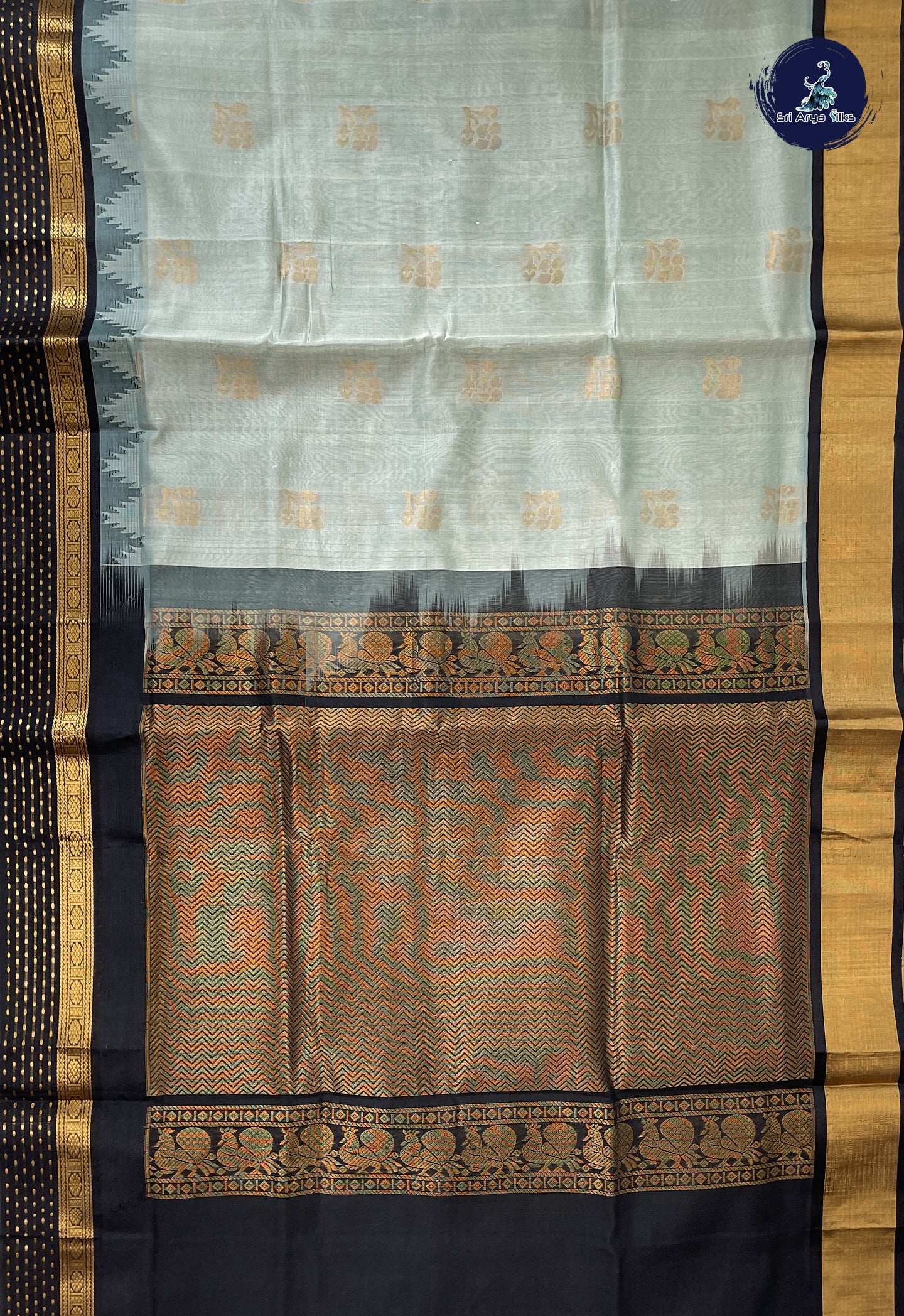 Greenish Grey Korvai Silk Cotton Saree With Zari Buttas Pattern
