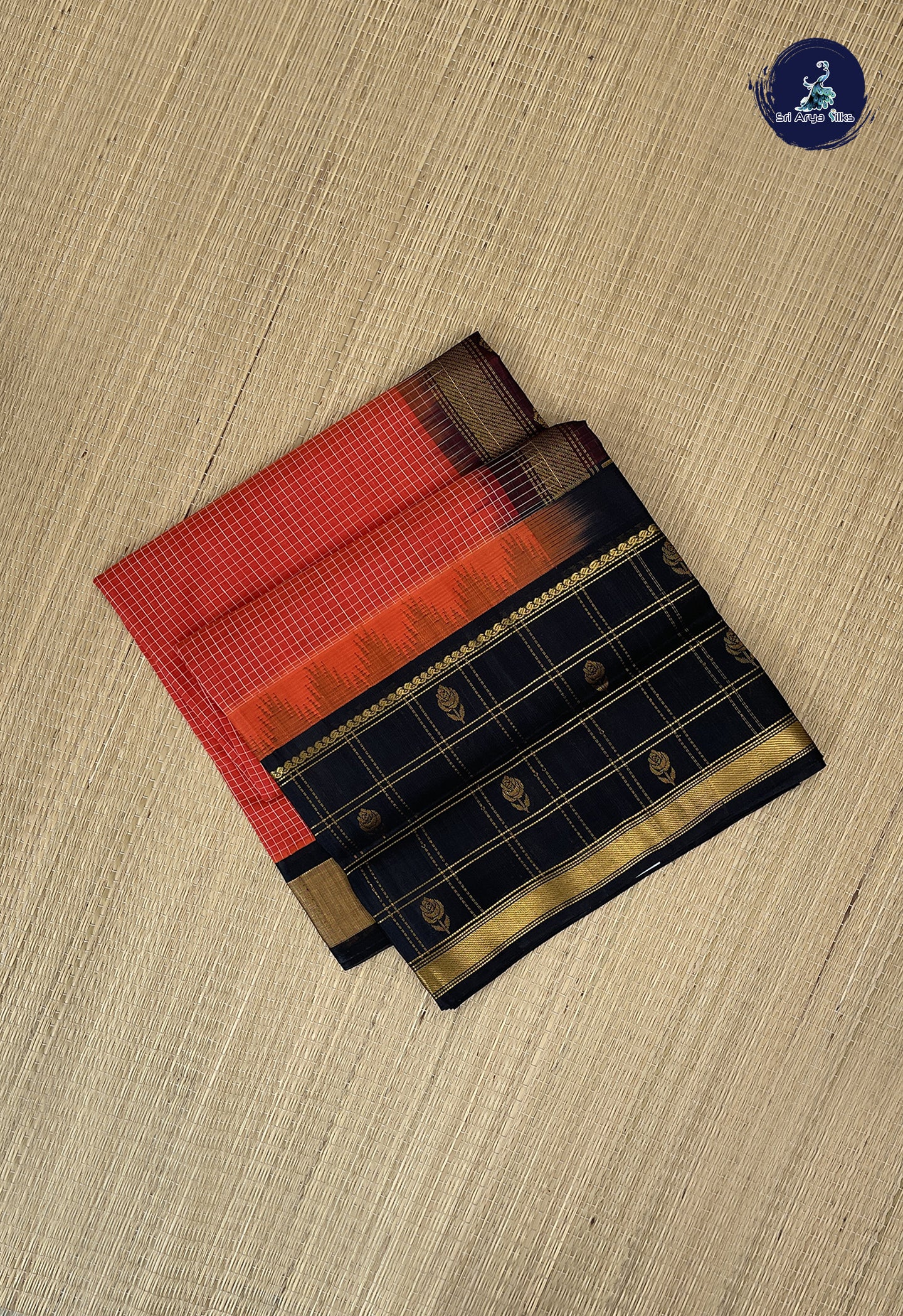 Reddish Orange Checked Saree With Checked Pattern