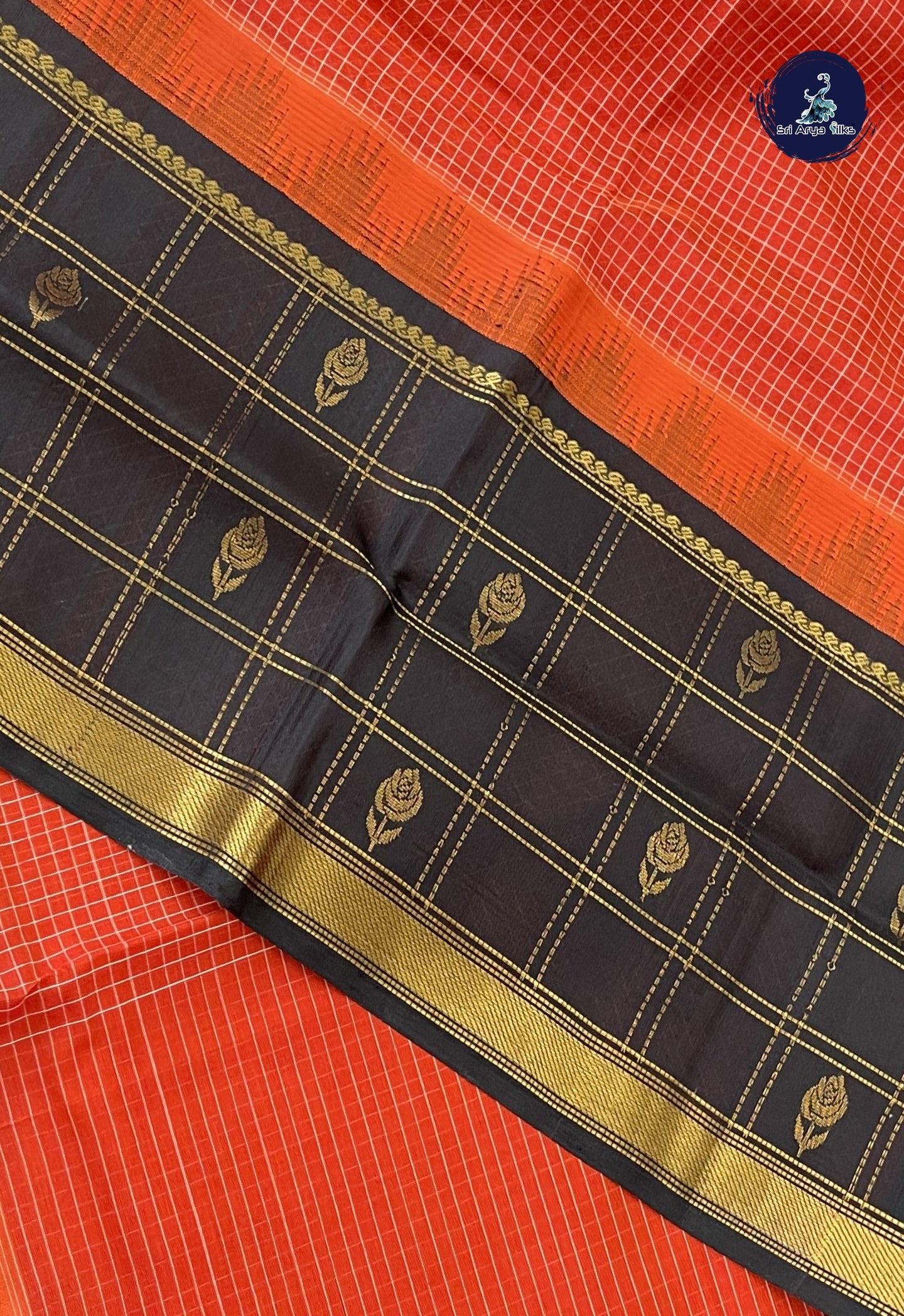 Reddish Orange Checked Saree With Checked Pattern