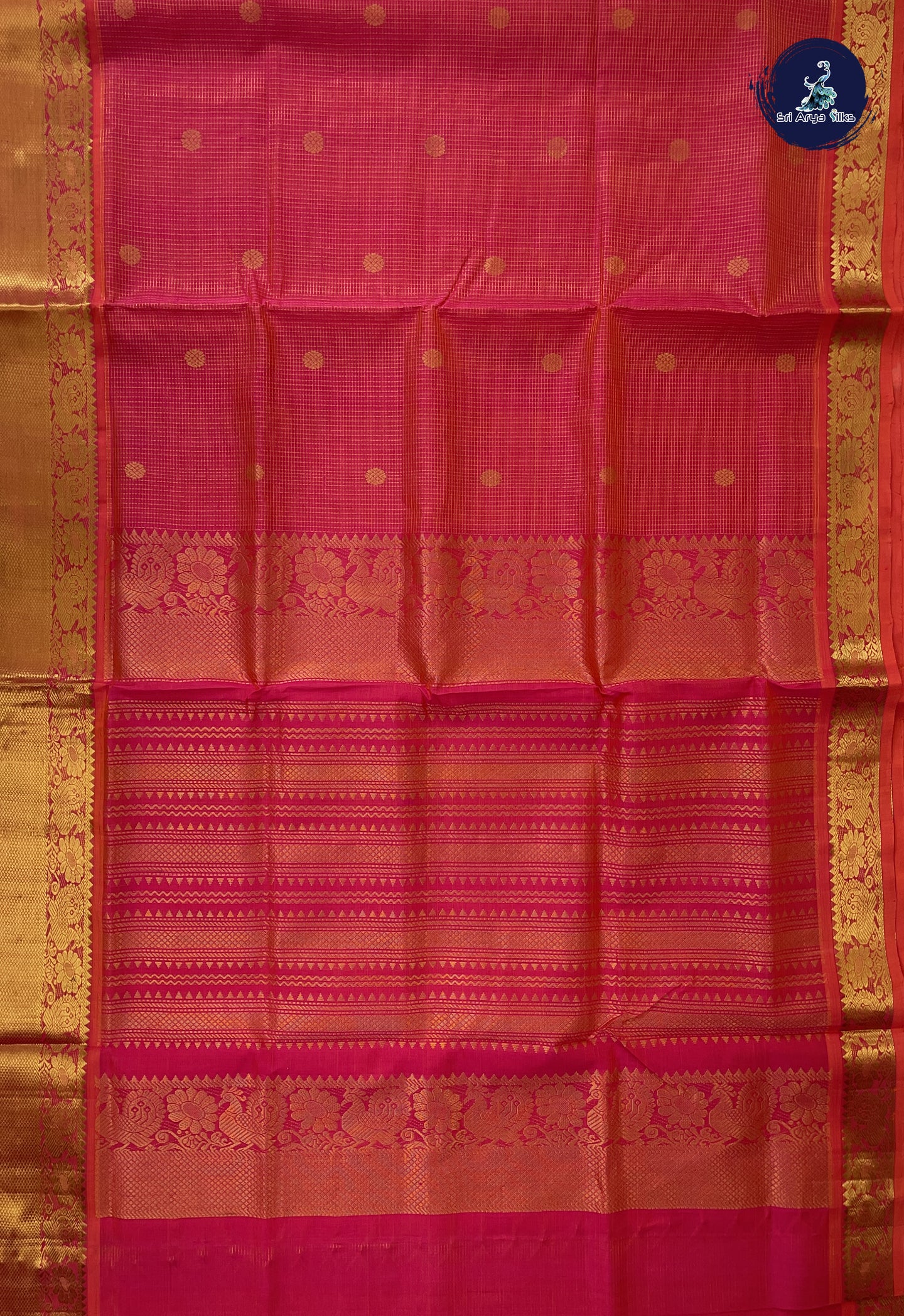 Orangish Pink Checked Saree With Checked Pattern
