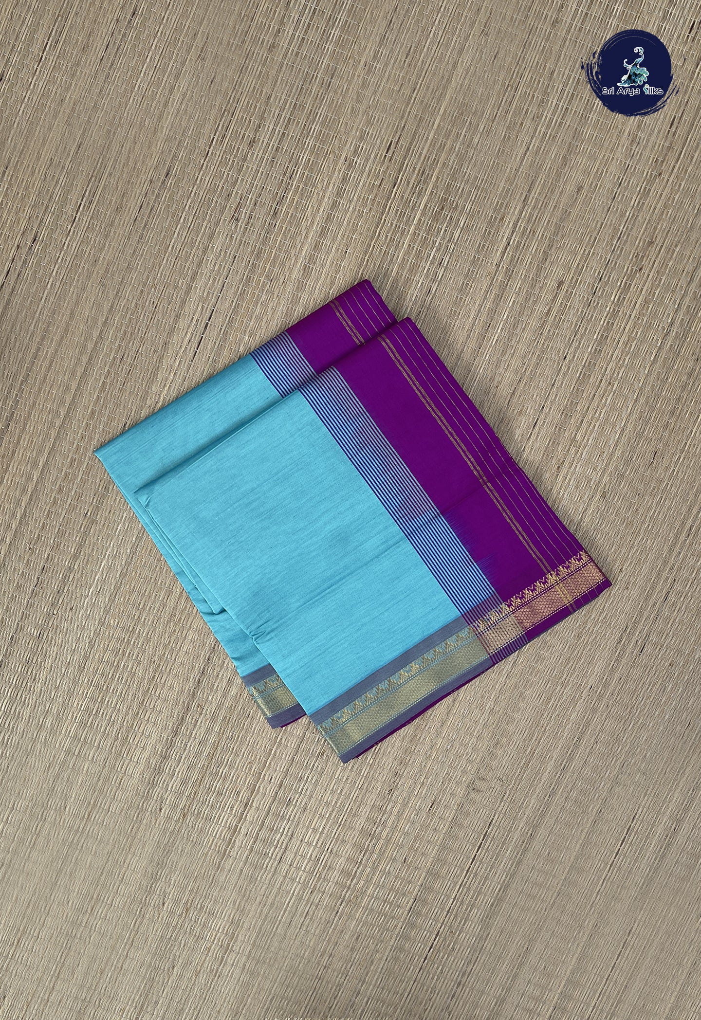 Turquoise Kanchi Semi Silk Cotton Saree With Plain Pattern