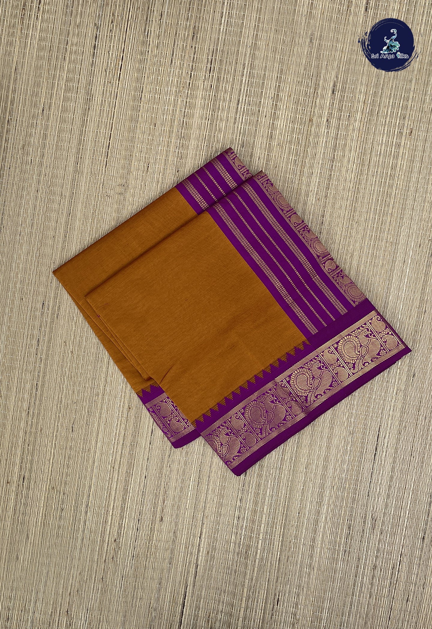 Lite Mustard Orange Kanchi Semi Silk Cotton Saree With Plain Pattern