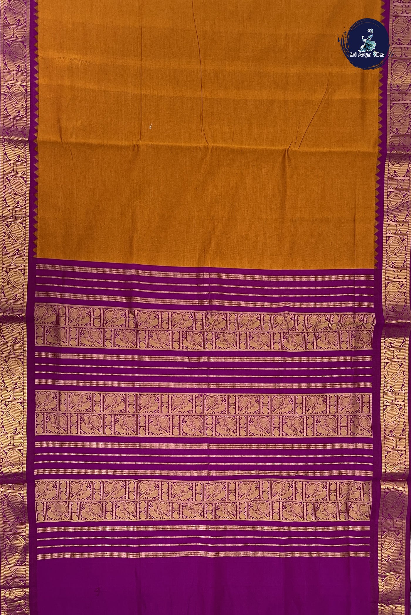 Lite Mustard Orange Kanchi Semi Silk Cotton Saree With Plain Pattern