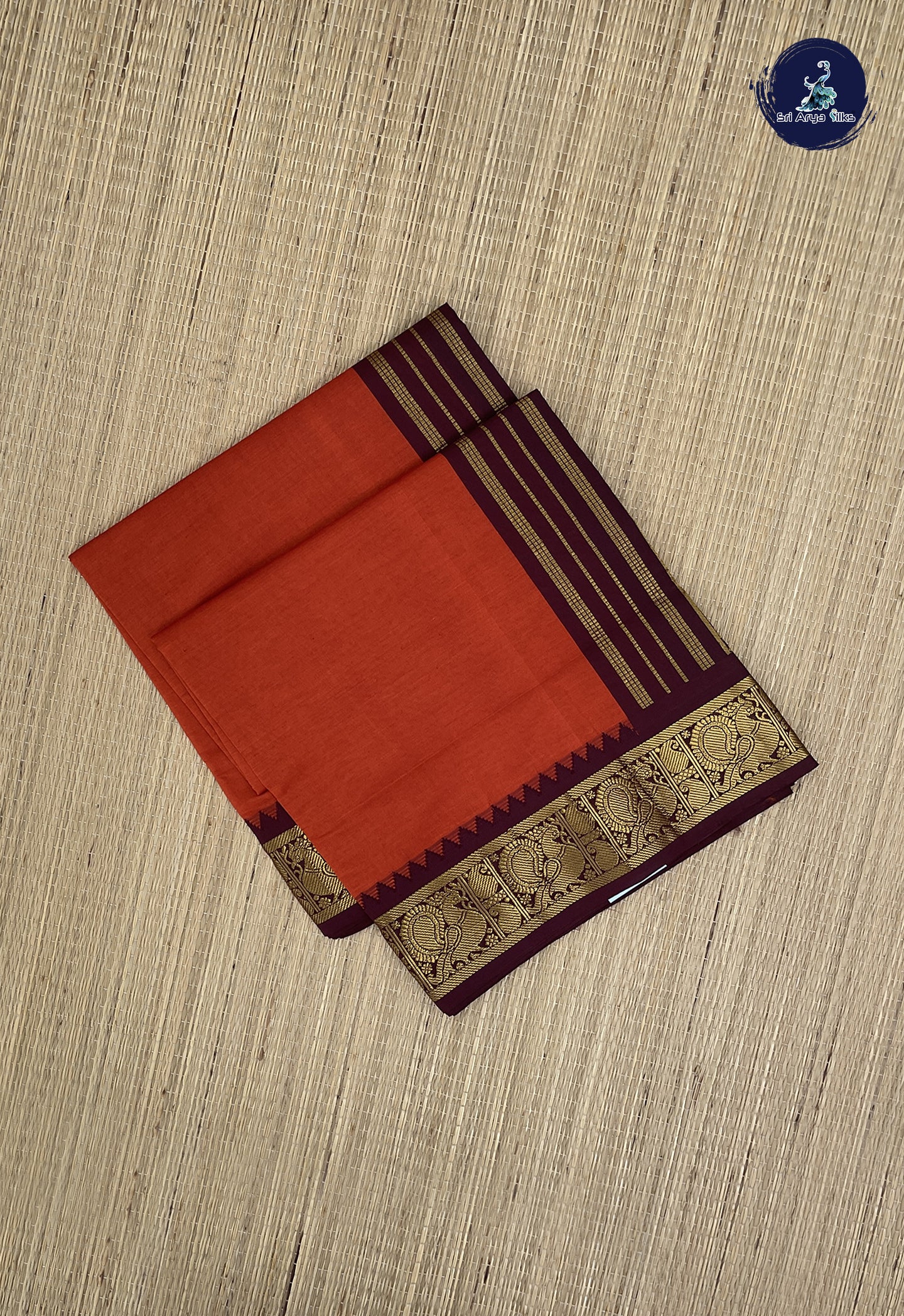 Reddish Orange Kanchi Semi Silk Cotton Saree With Plain Pattern