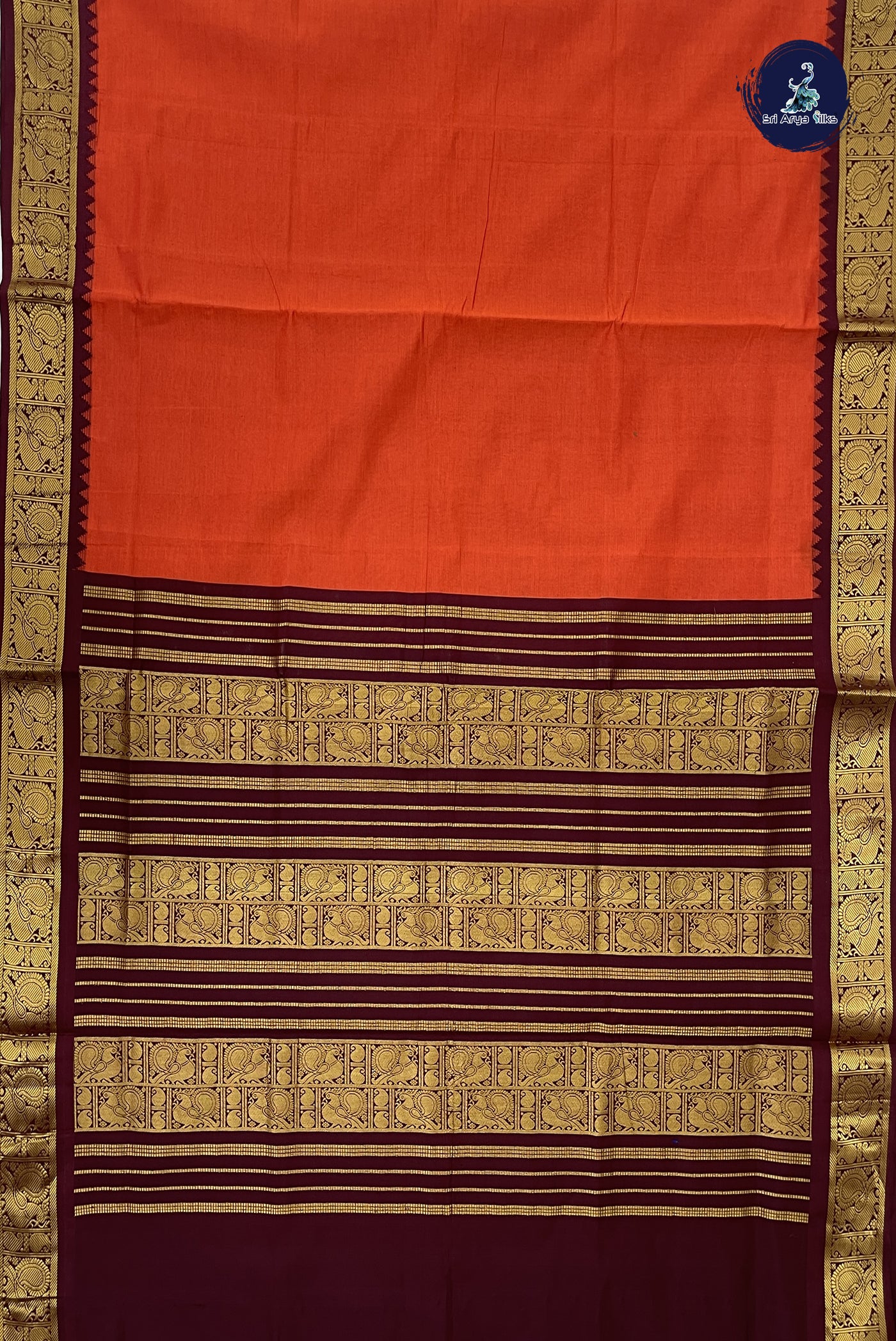 Reddish Orange Kanchi Semi Silk Cotton Saree With Plain Pattern