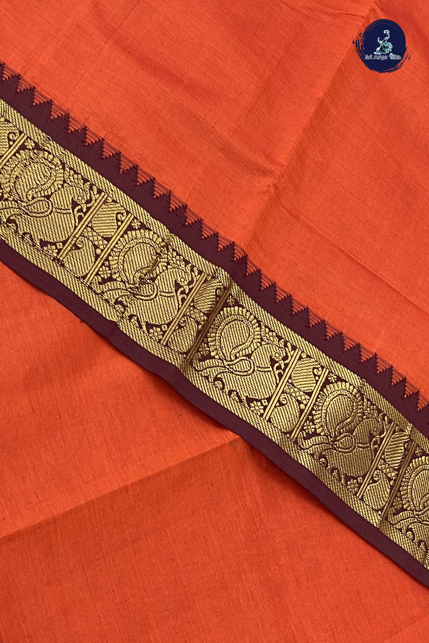 Reddish Orange Kanchi Semi Silk Cotton Saree With Plain Pattern