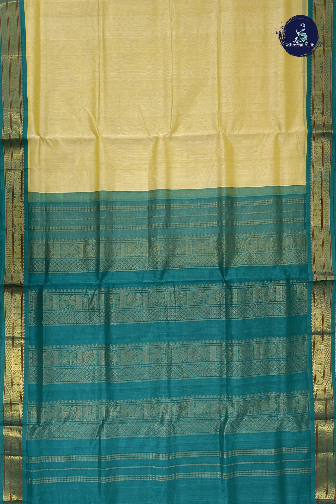 Creamish Yellow Korvai Silk Cotton Saree With Plain Pattern