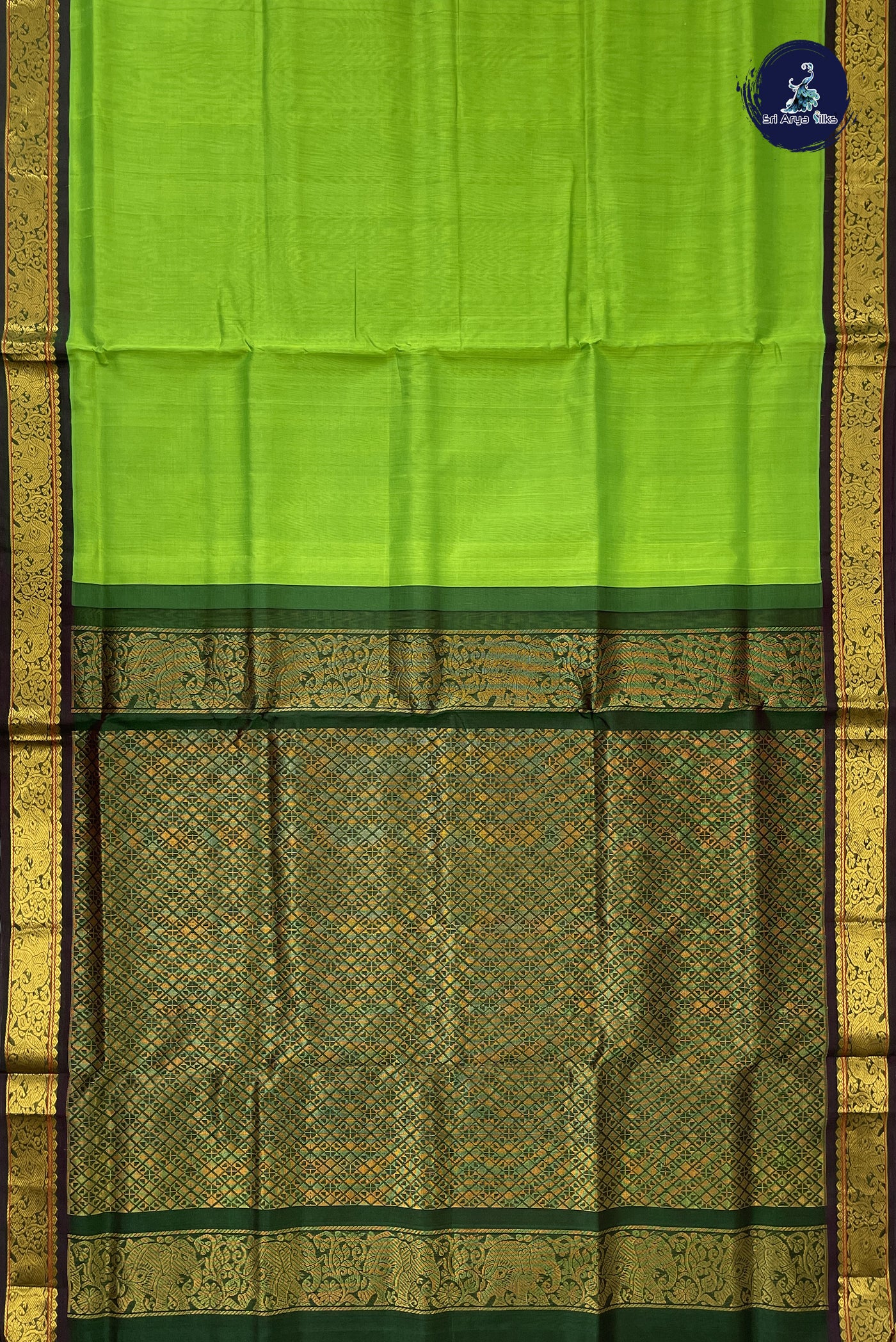 Parrot Green Korvai Silk Cotton Saree With Plain Pattern