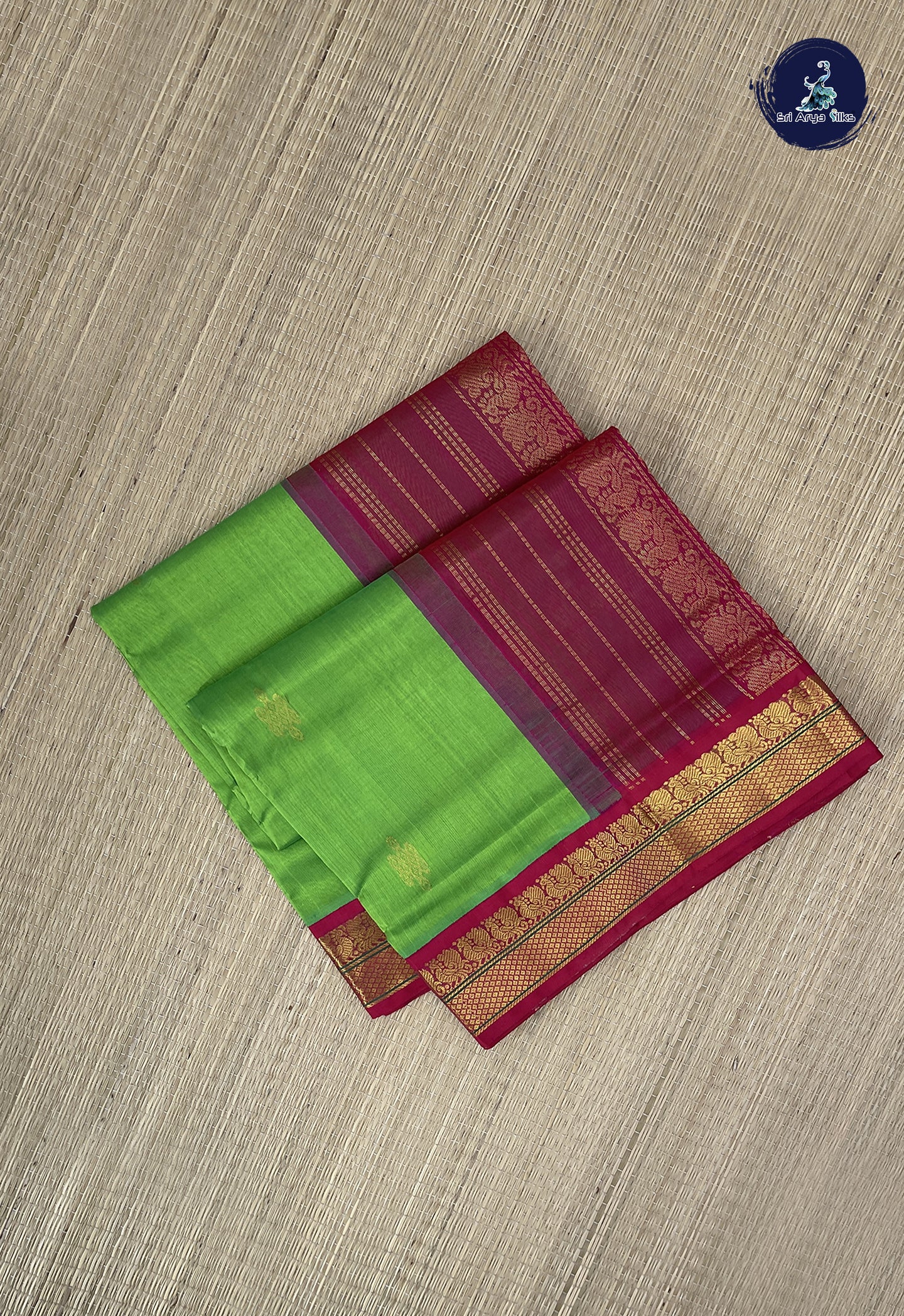 Parrot Green Korvai Silk Cotton Saree With Zari Buttas Pattern