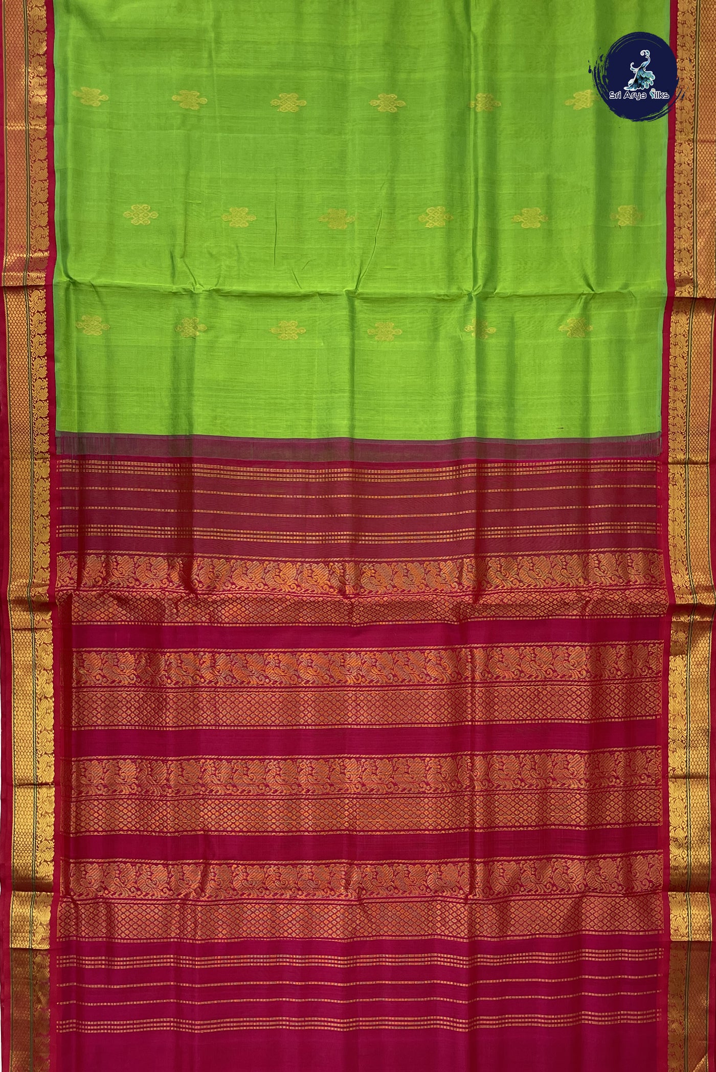 Parrot Green Korvai Silk Cotton Saree With Zari Buttas Pattern