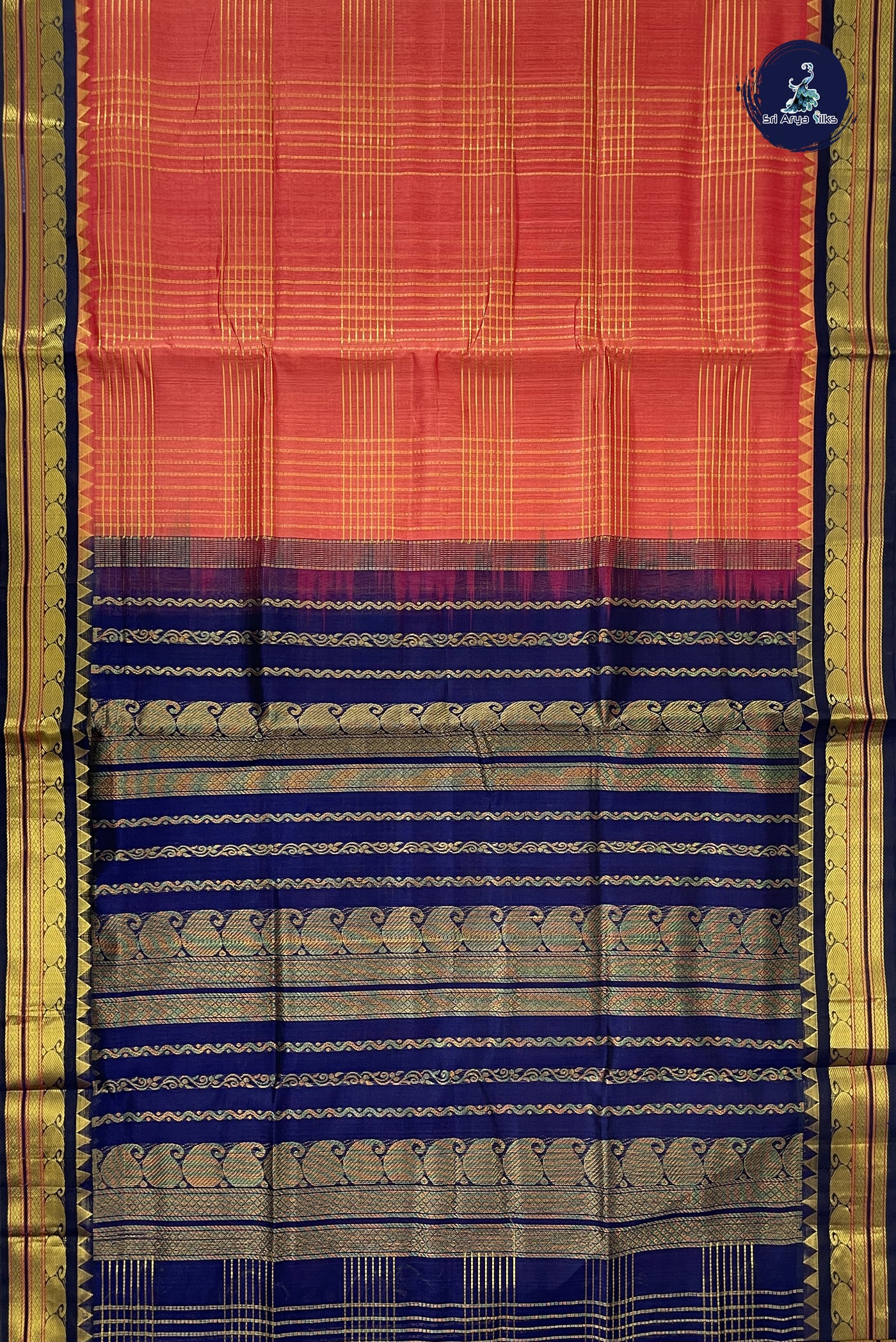 Peach Checked Saree With Zari Checked Pattern