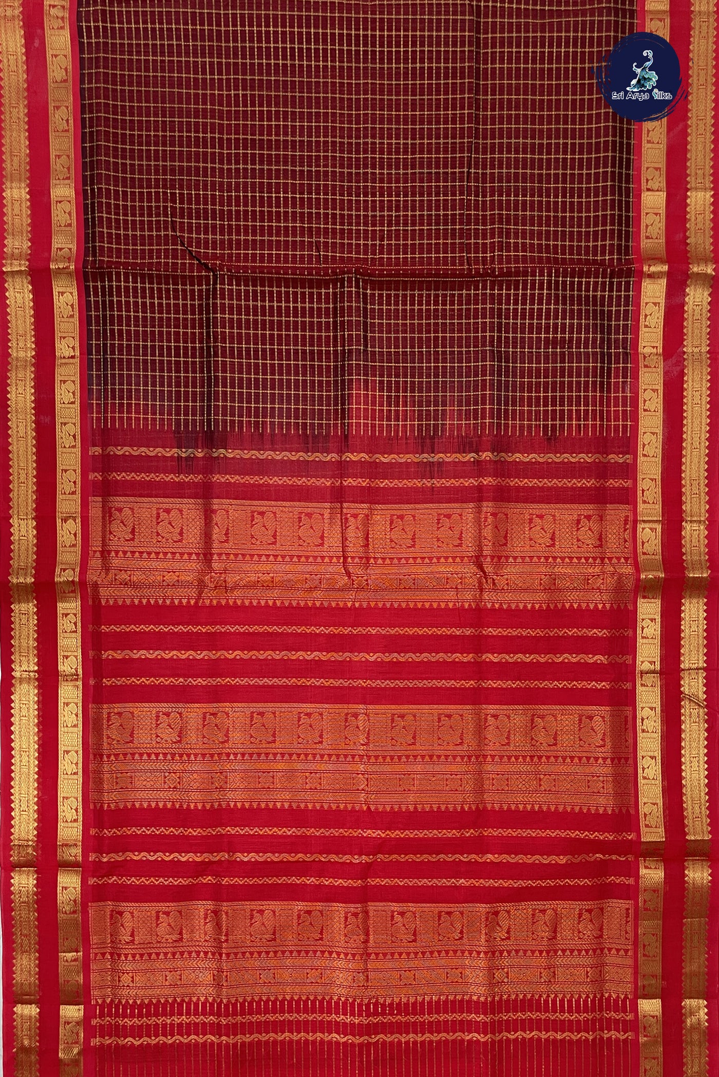 Dual Tone Maroon Checked Saree With Zari Checked Pattern