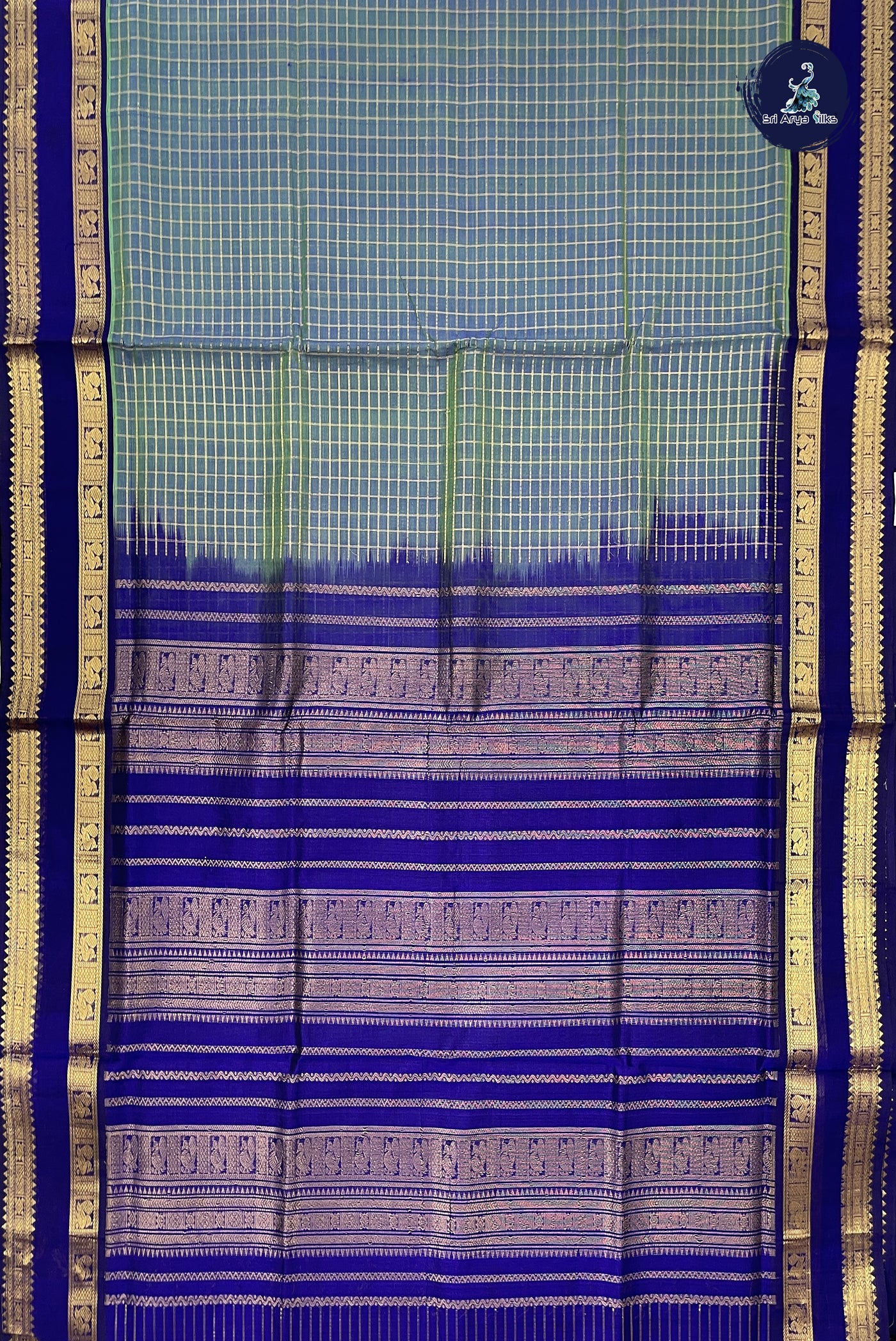Greenish Blue Checked Saree With Zari Checked Pattern