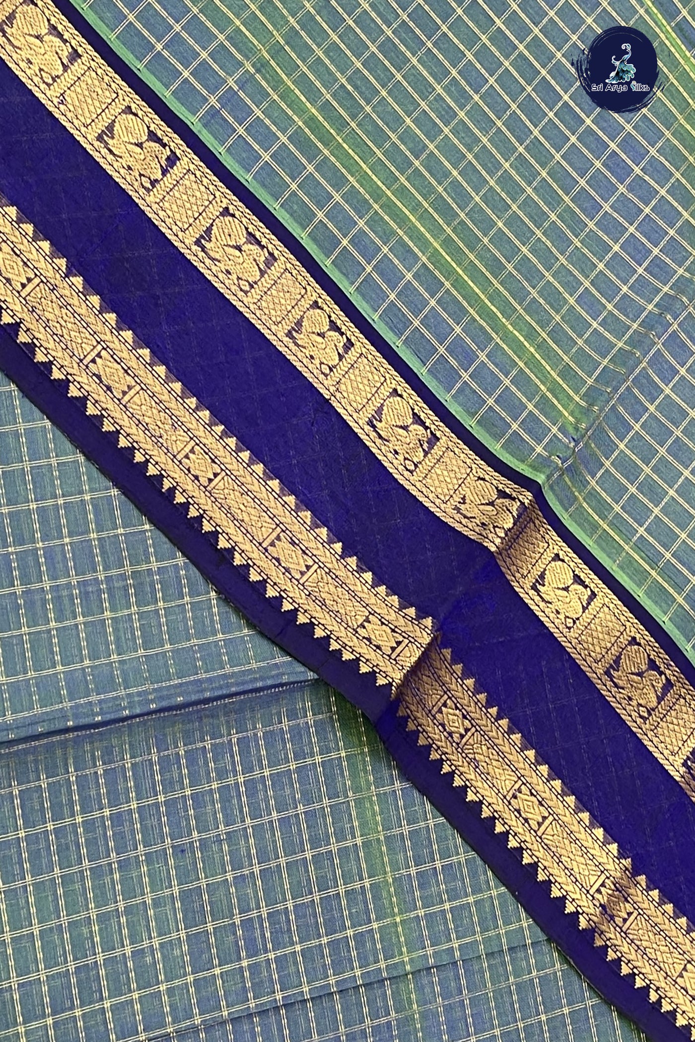 Greenish Blue Checked Saree With Zari Checked Pattern
