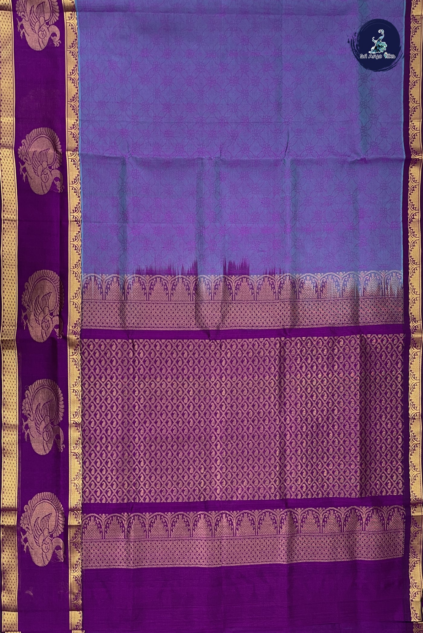 Blusih Purple Korvai Silk Cotton Saree With Embossed Pattern