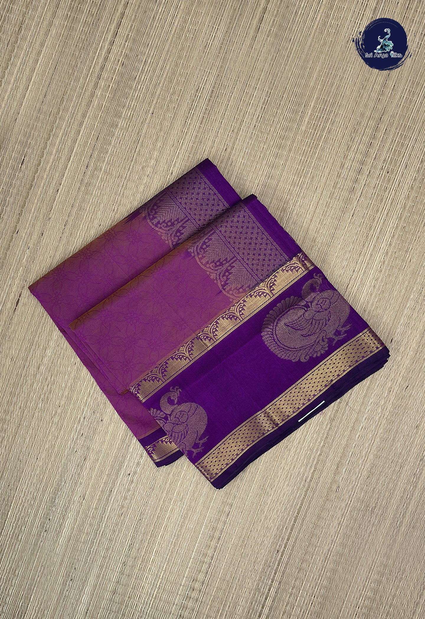 Dual Tone Purple Korvai Silk Cotton Saree With Embossed Pattern