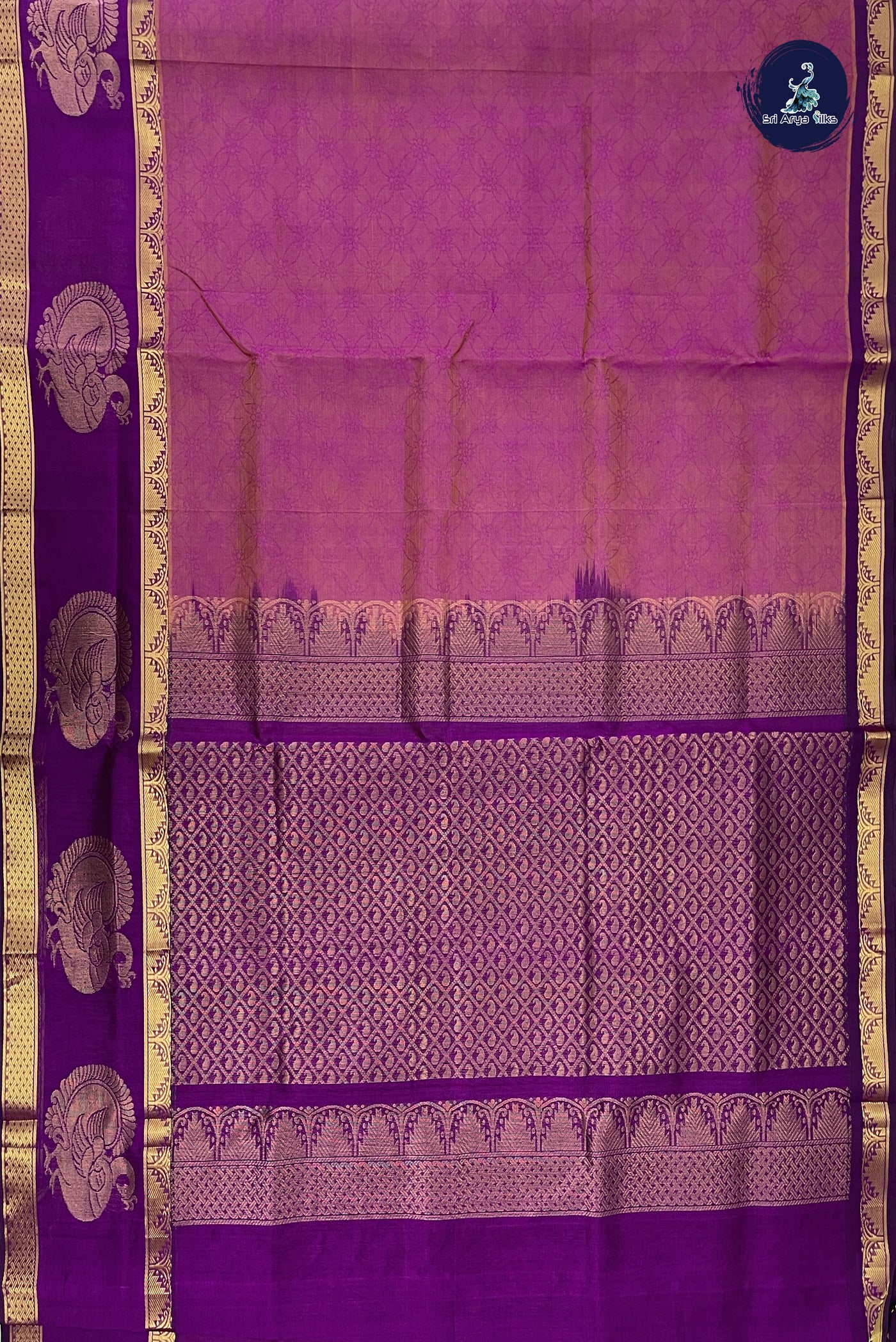 Dual Tone Purple Korvai Silk Cotton Saree With Embossed Pattern