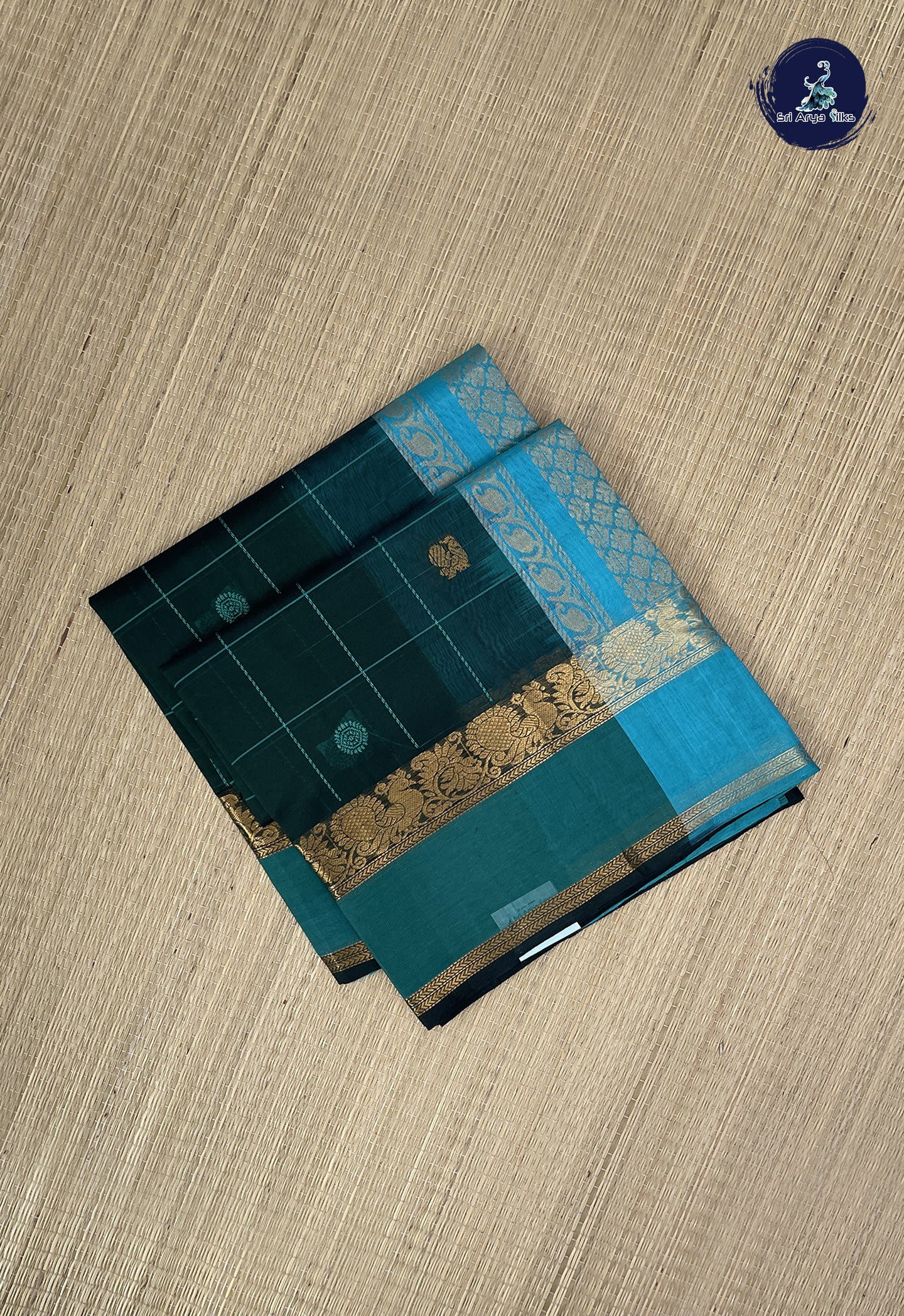 Dark Green Simple Silk Cotton Saree With Checked Pattern