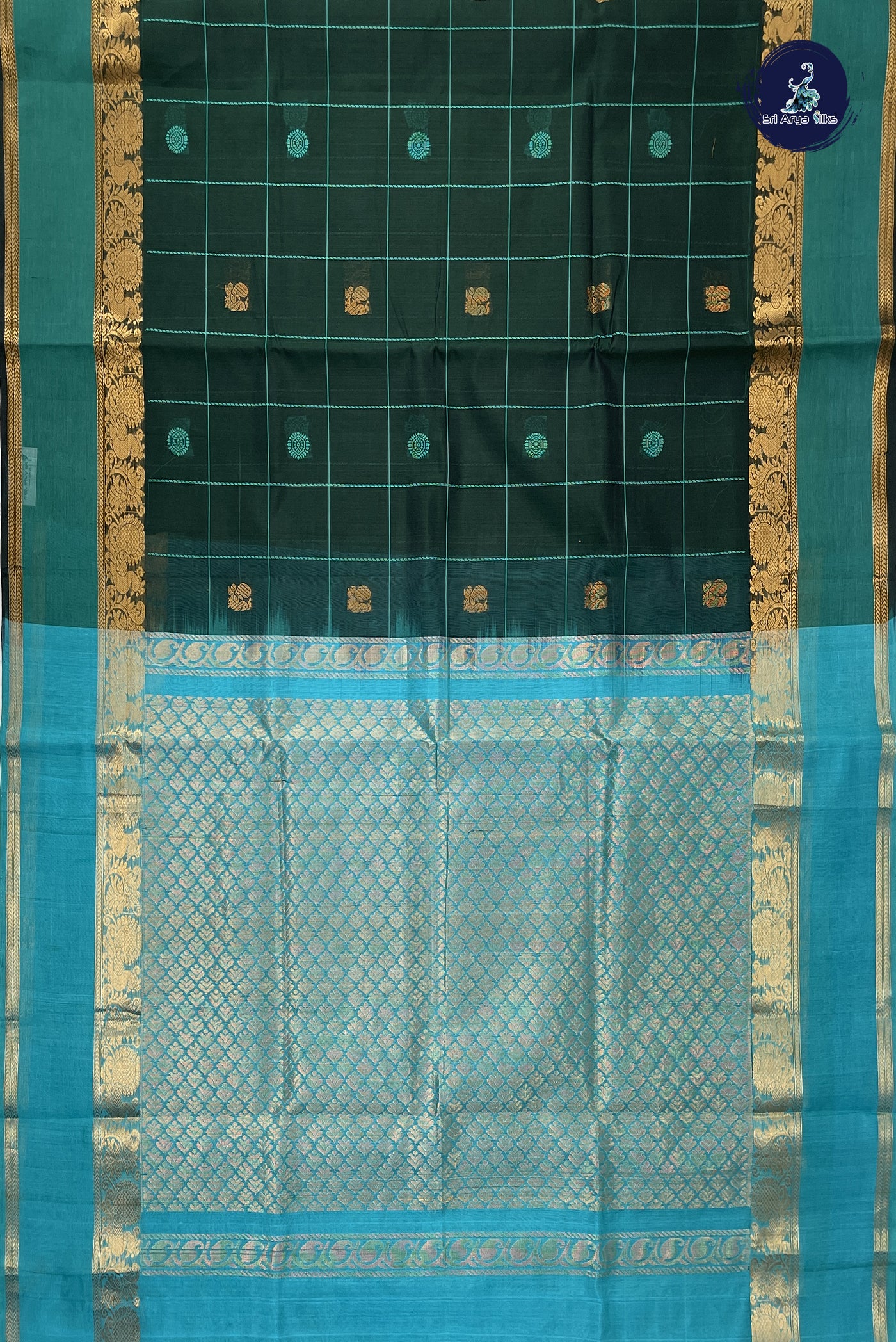 Dark Green Simple Silk Cotton Saree With Checked Pattern