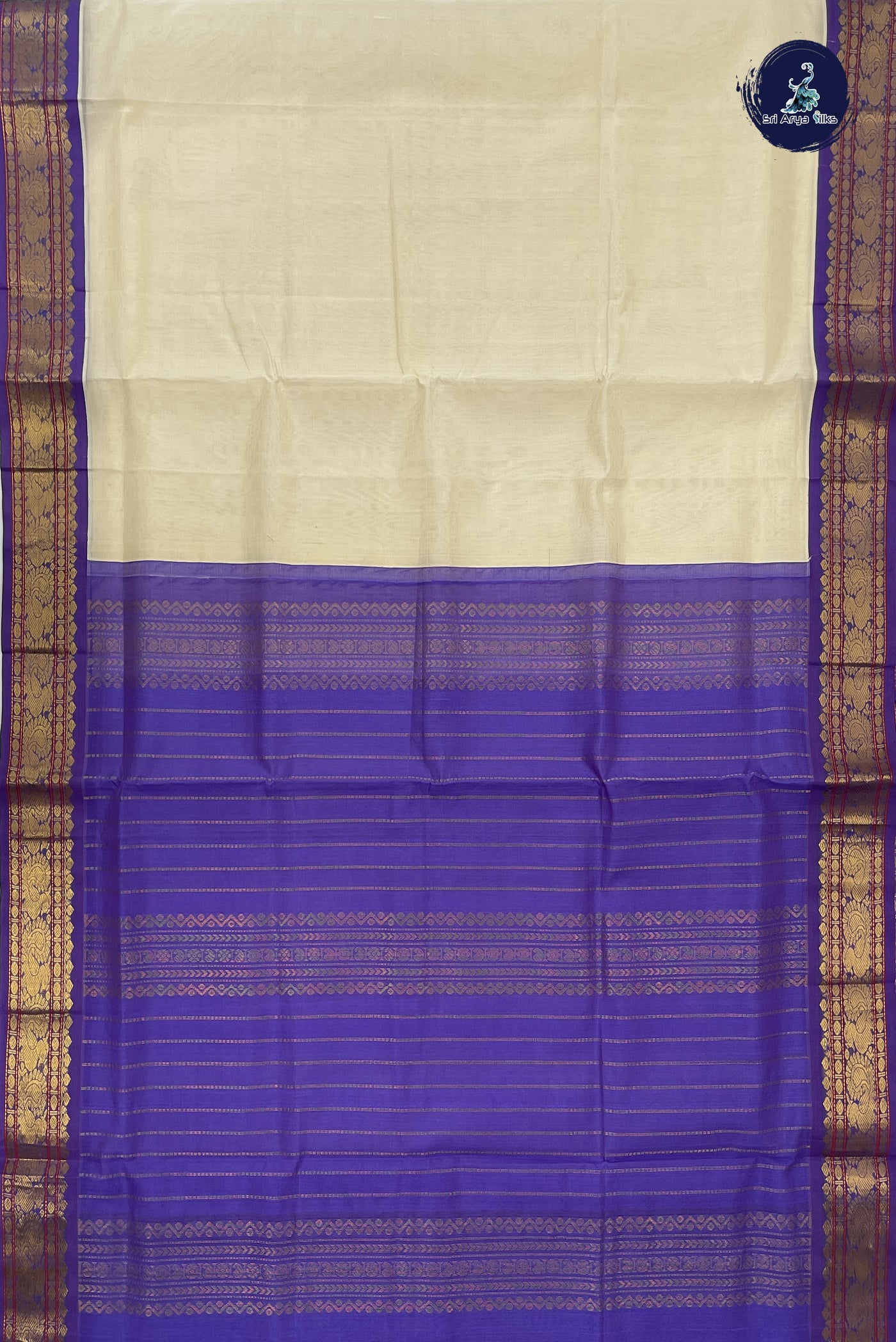 Off White Korvai Silk Cotton Saree With Plain Pattern