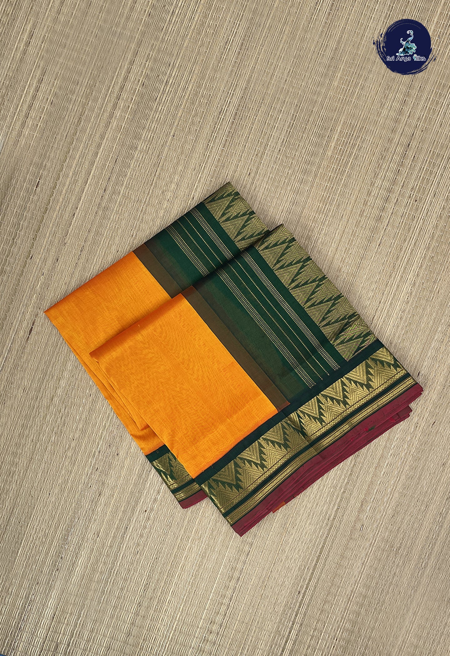 Yellowish Orange Korvai Silk Cotton Saree With Plain Pattern