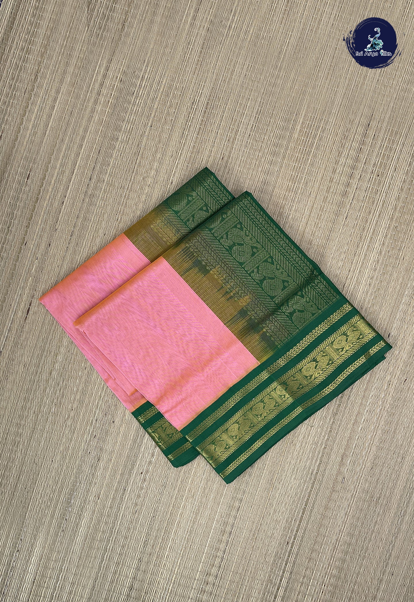 Peach Pink Korvai Silk Cotton Saree With Plain Pattern