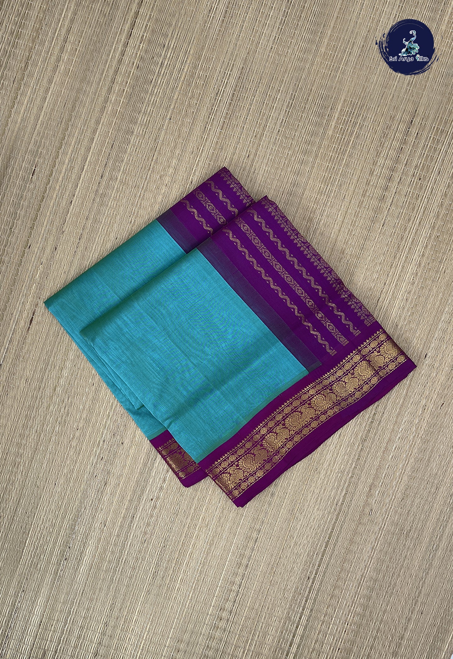 Blue Korvai Silk Cotton Saree With Plain Pattern