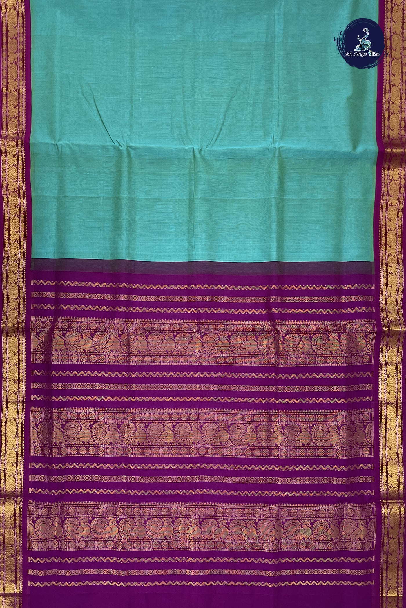 Blue Korvai Silk Cotton Saree With Plain Pattern