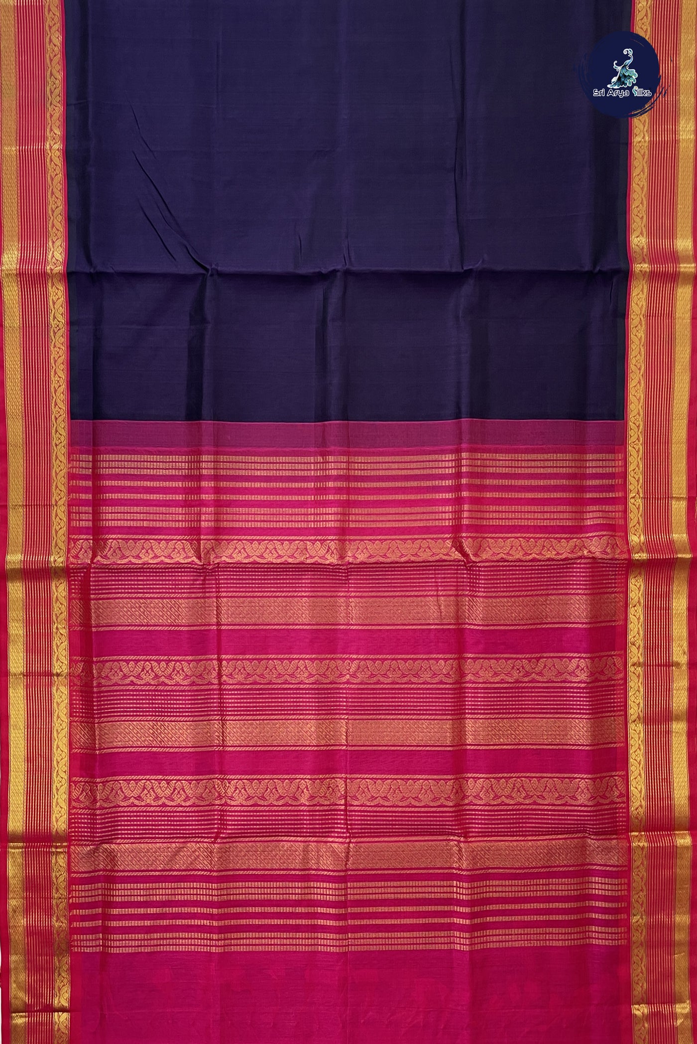 Dark Plum Korvai Silk Cotton Saree With Plain Pattern