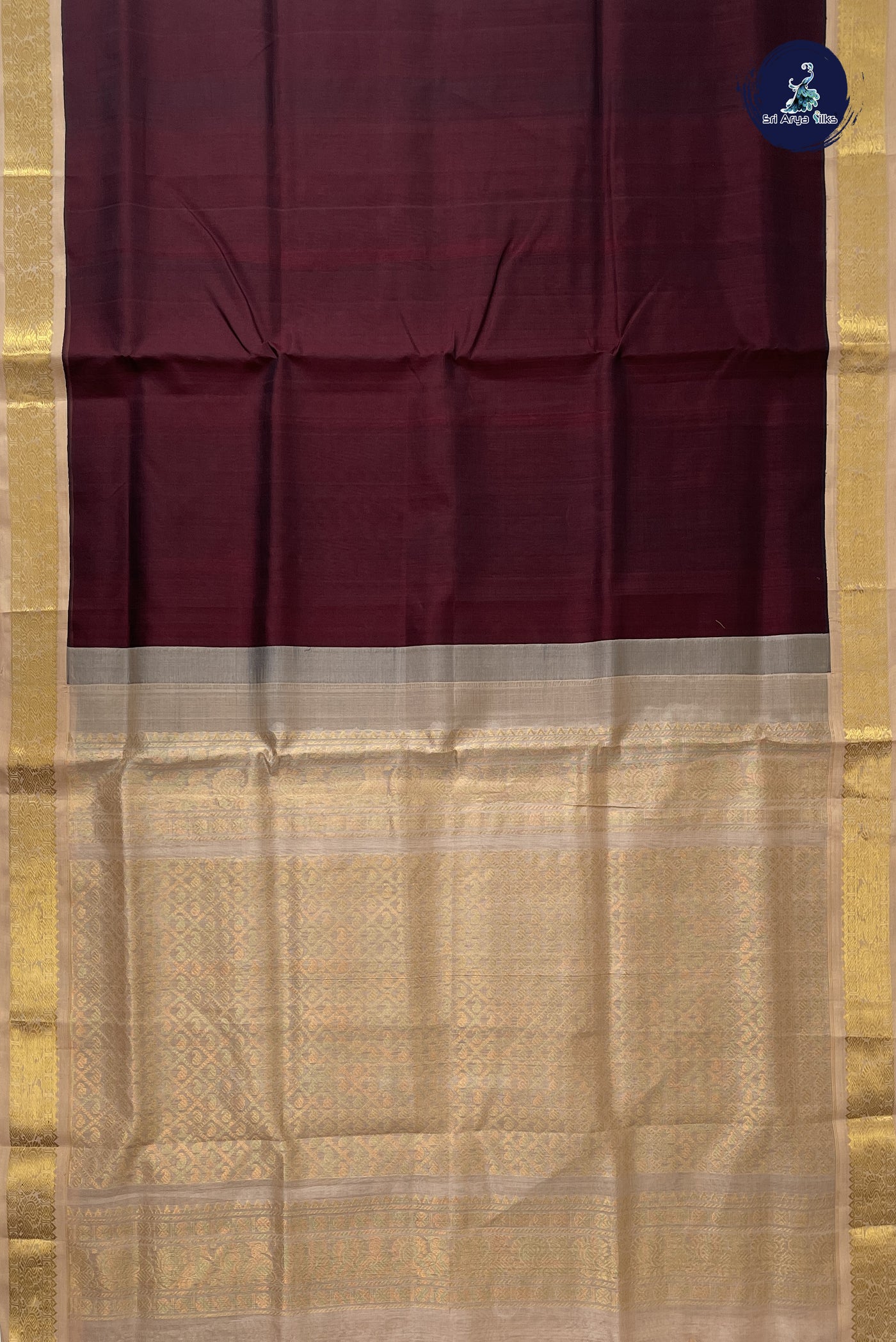 Brown Korvai Silk Cotton Saree With Plain Pattern