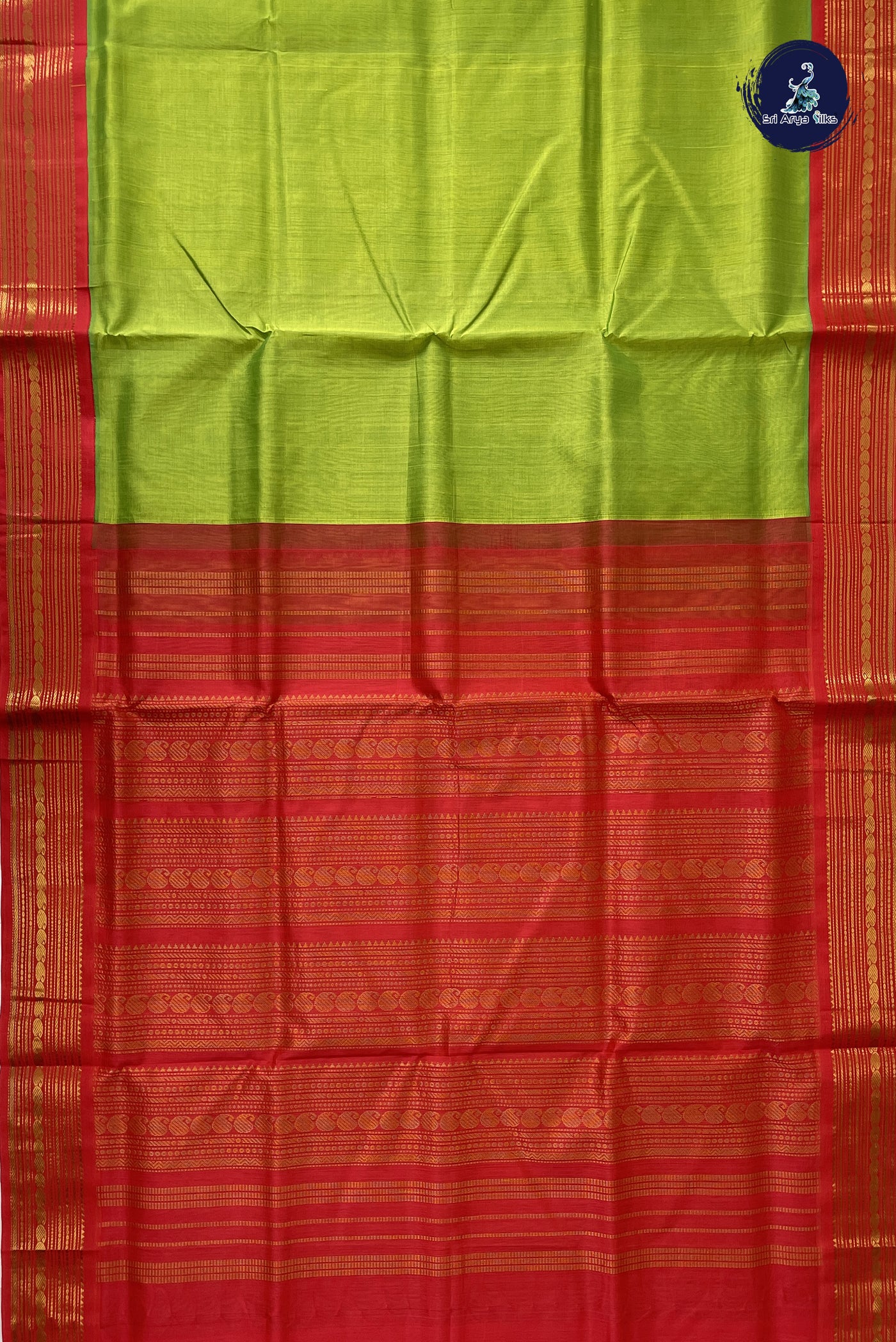 Lime Green Korvai Silk Cotton Saree With Plain Pattern