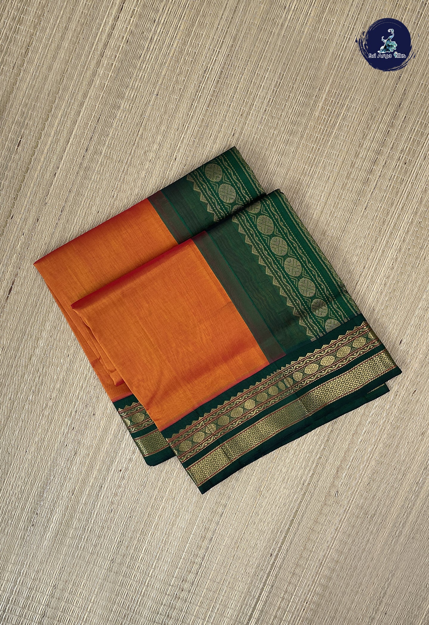 Lite Mustard Orange Korvai Silk Cotton Saree With Plain Pattern