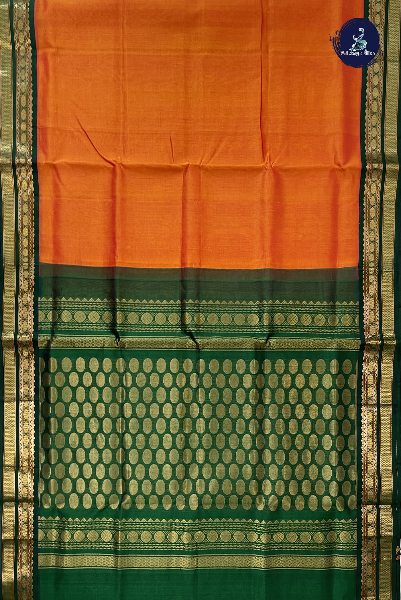 Lite Mustard Orange Korvai Silk Cotton Saree With Plain Pattern