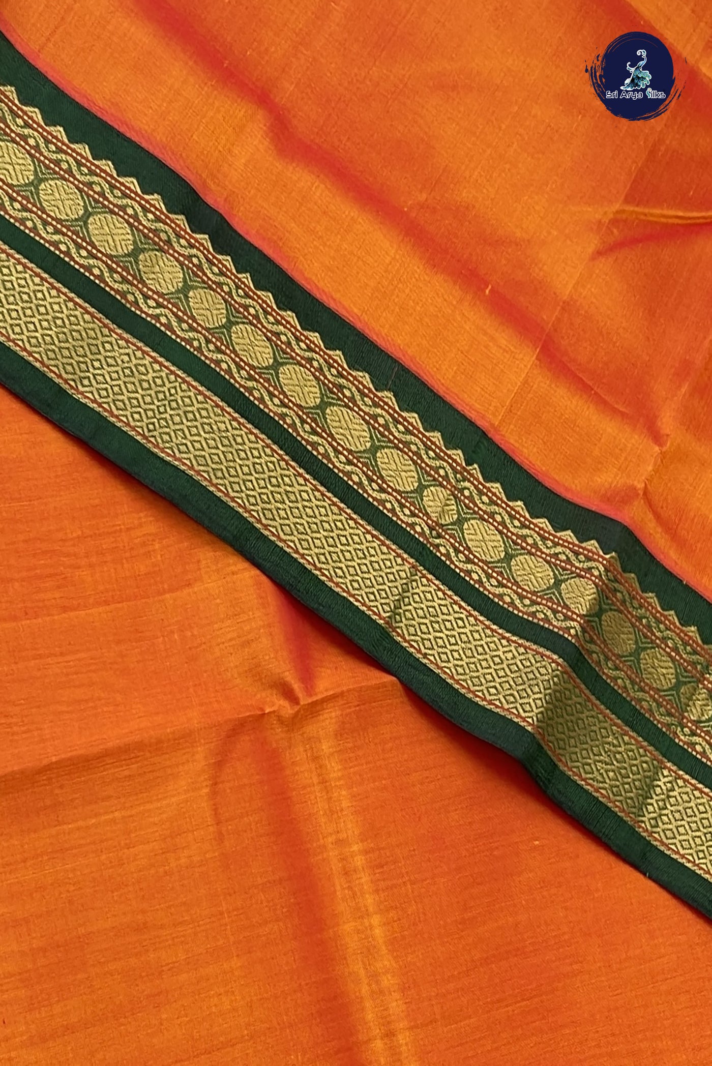 Lite Mustard Orange Korvai Silk Cotton Saree With Plain Pattern