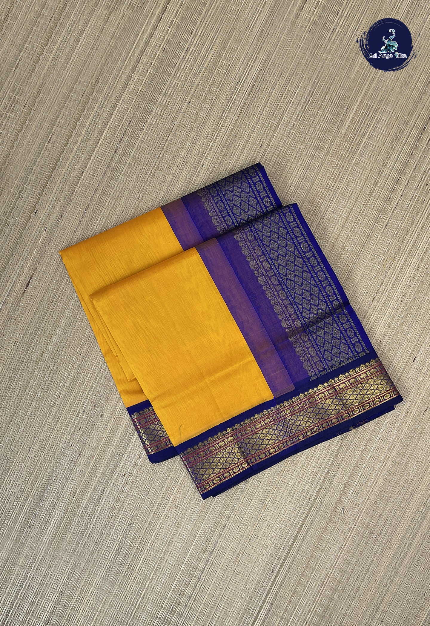 Mango Yellow Korvai Silk Cotton Saree With Plain Pattern