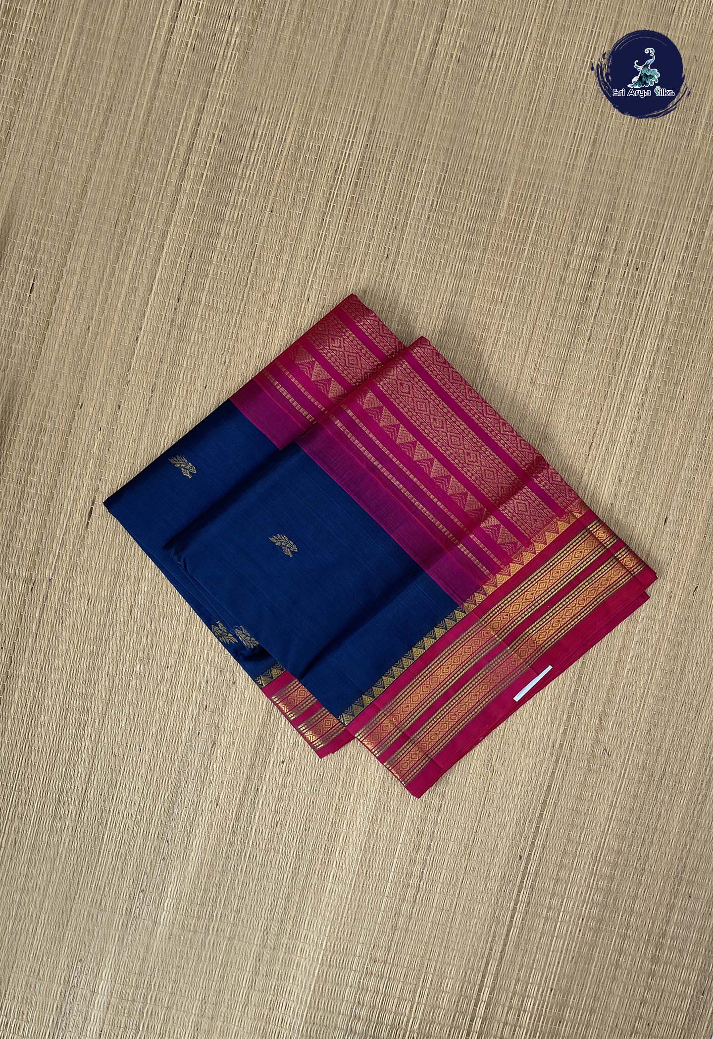 Navy Blue Korvai Silk Cotton Saree With Zari Buttas Pattern