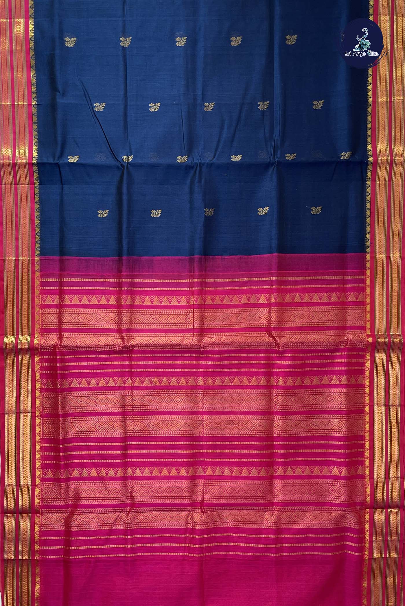 Navy Blue Korvai Silk Cotton Saree With Zari Buttas Pattern