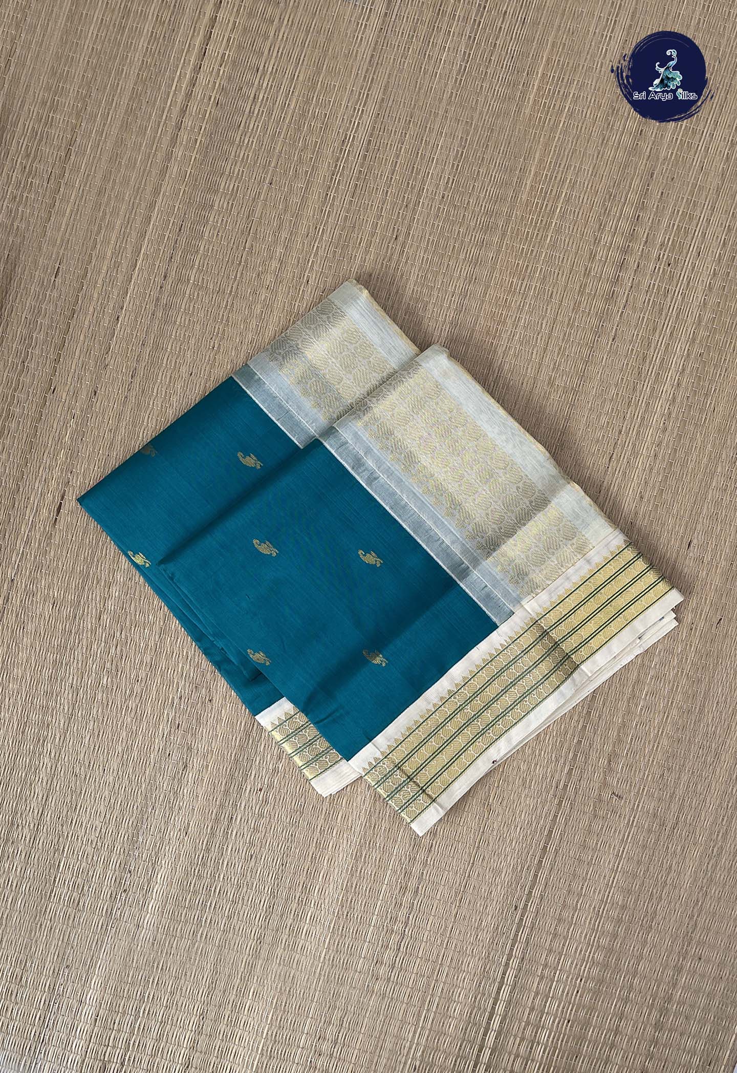 Teal Korvai Silk Cotton Saree With Zari Buttas Pattern