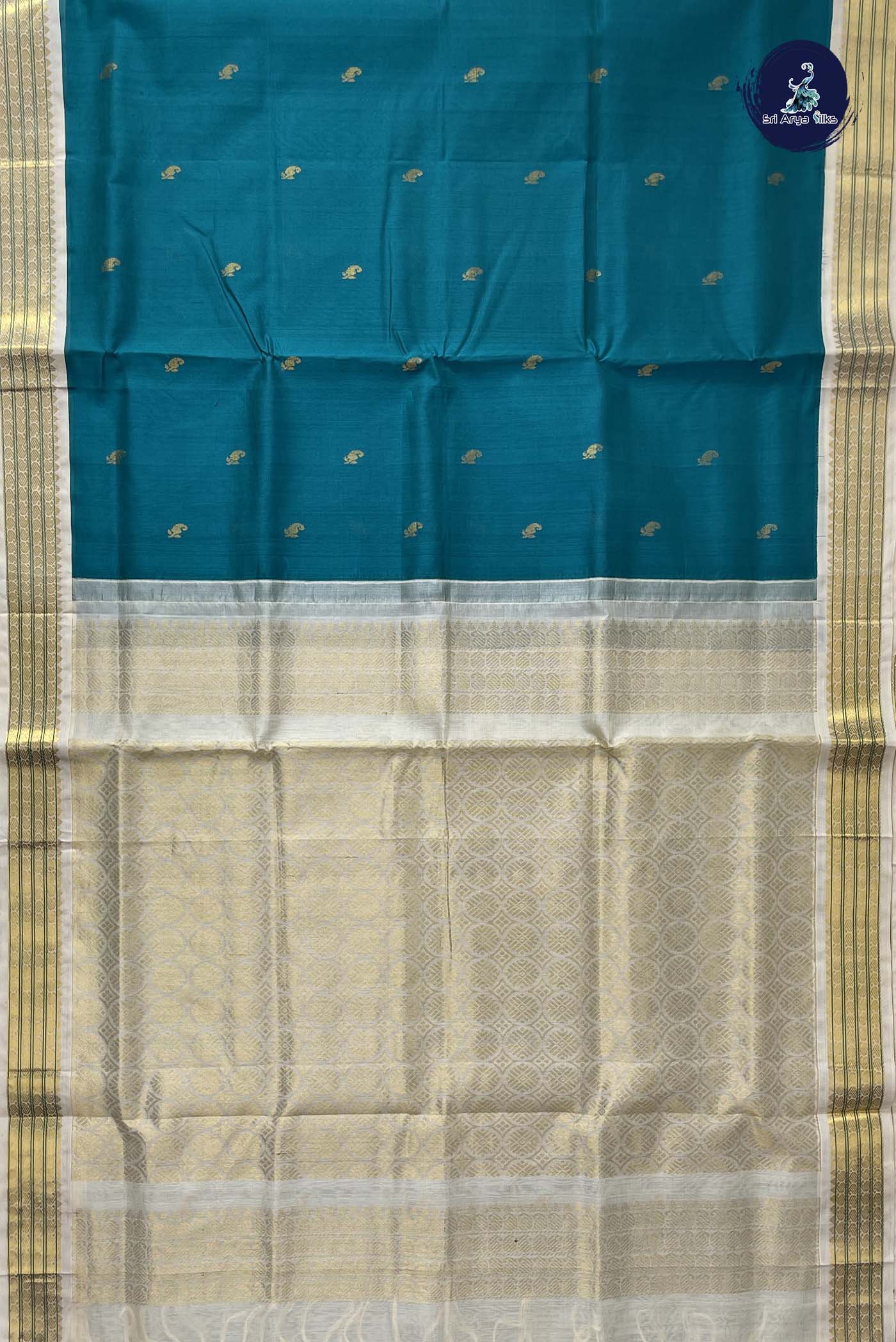 Teal Korvai Silk Cotton Saree With Zari Buttas Pattern