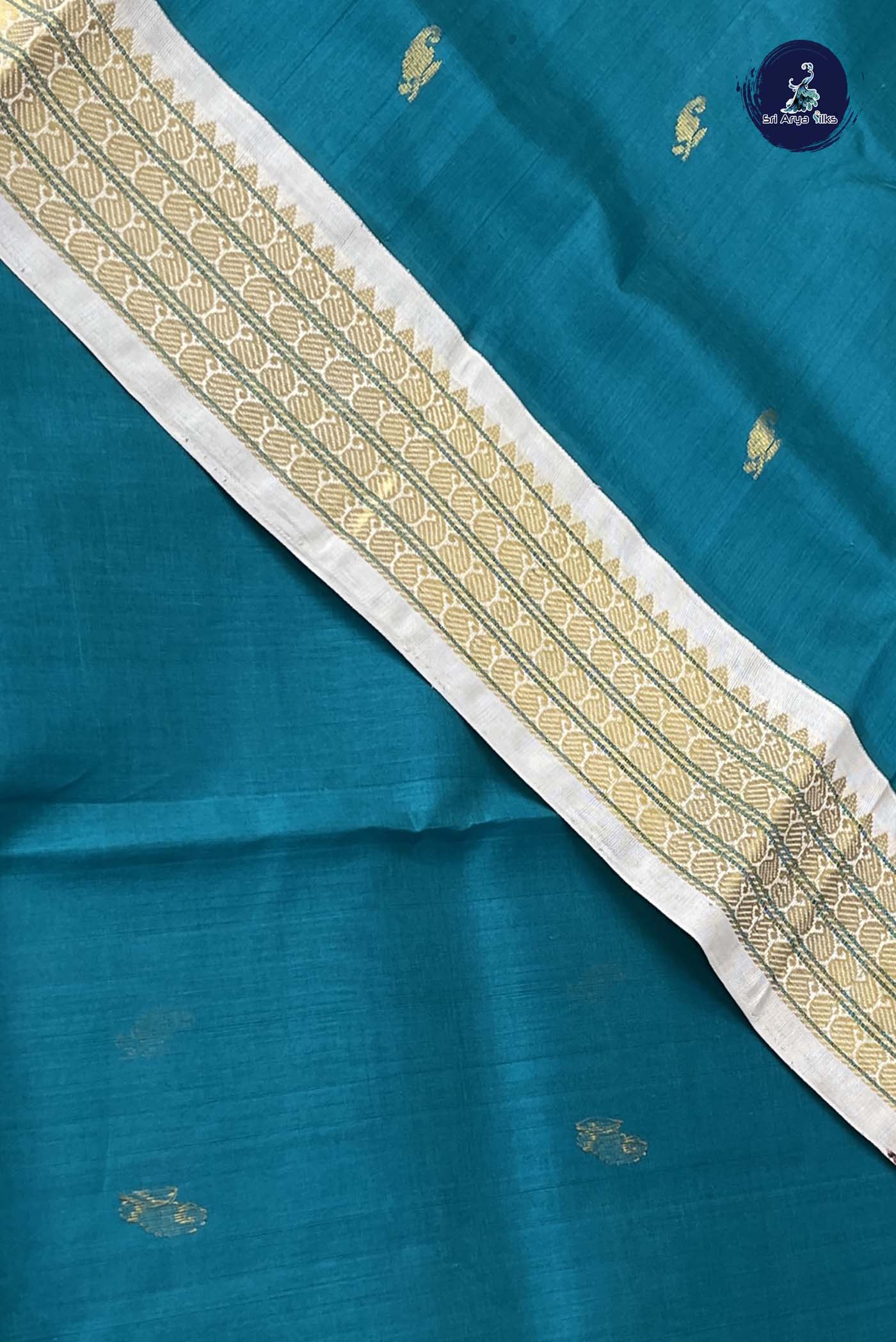 Teal Korvai Silk Cotton Saree With Zari Buttas Pattern