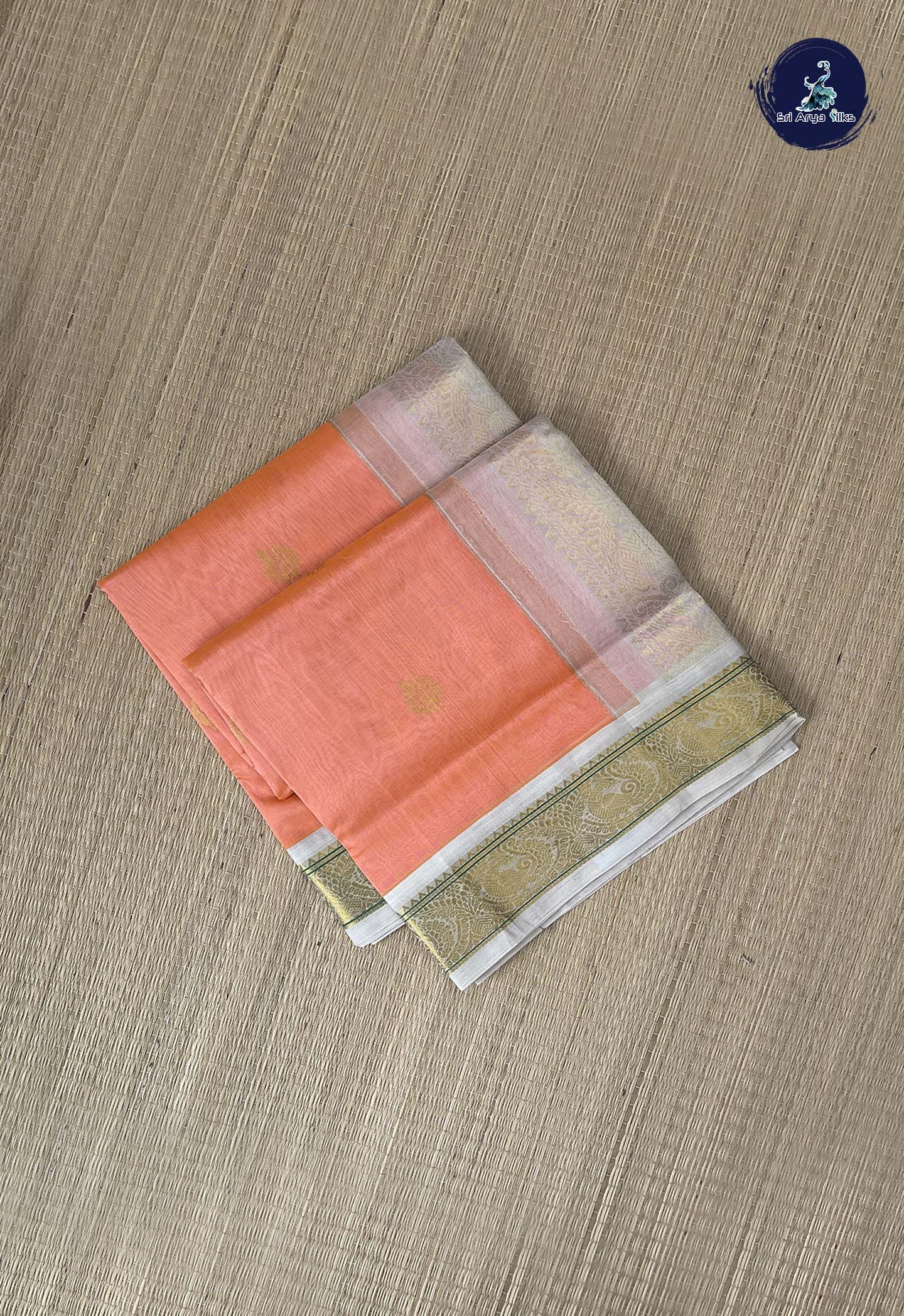 Peach Korvai Silk Cotton Saree With Zari Buttas Pattern