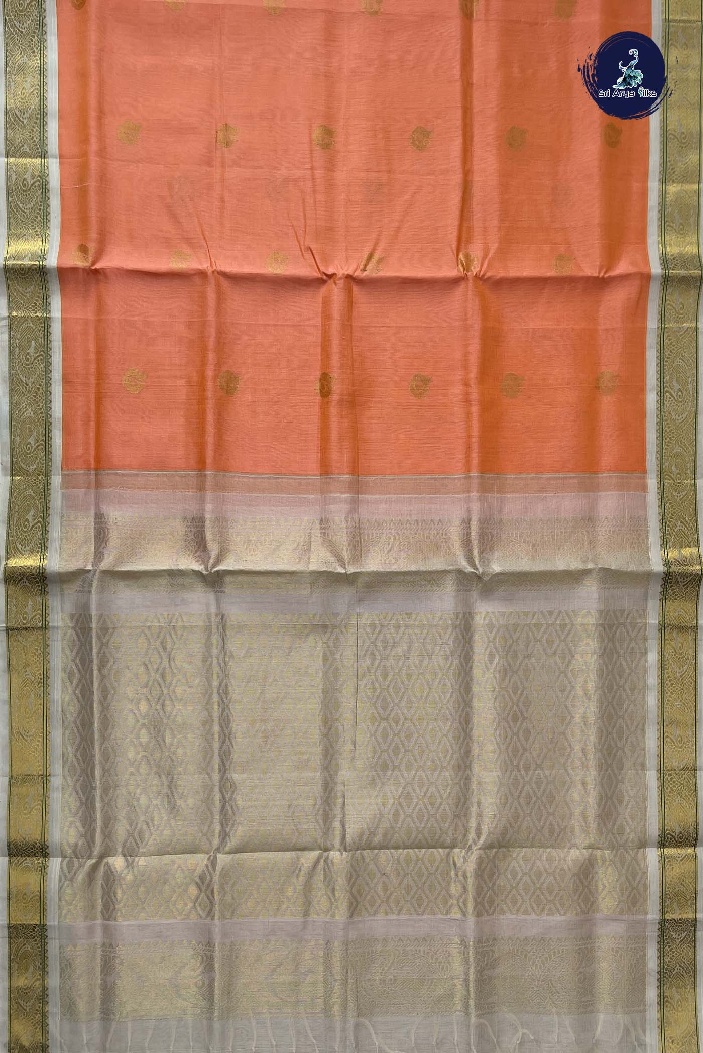Peach Korvai Silk Cotton Saree With Zari Buttas Pattern