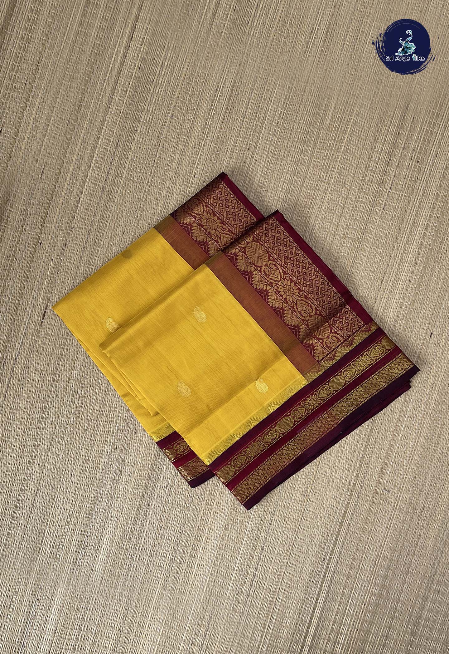Mustard Yellow Korvai Silk Cotton Saree With Zari Buttas Pattern