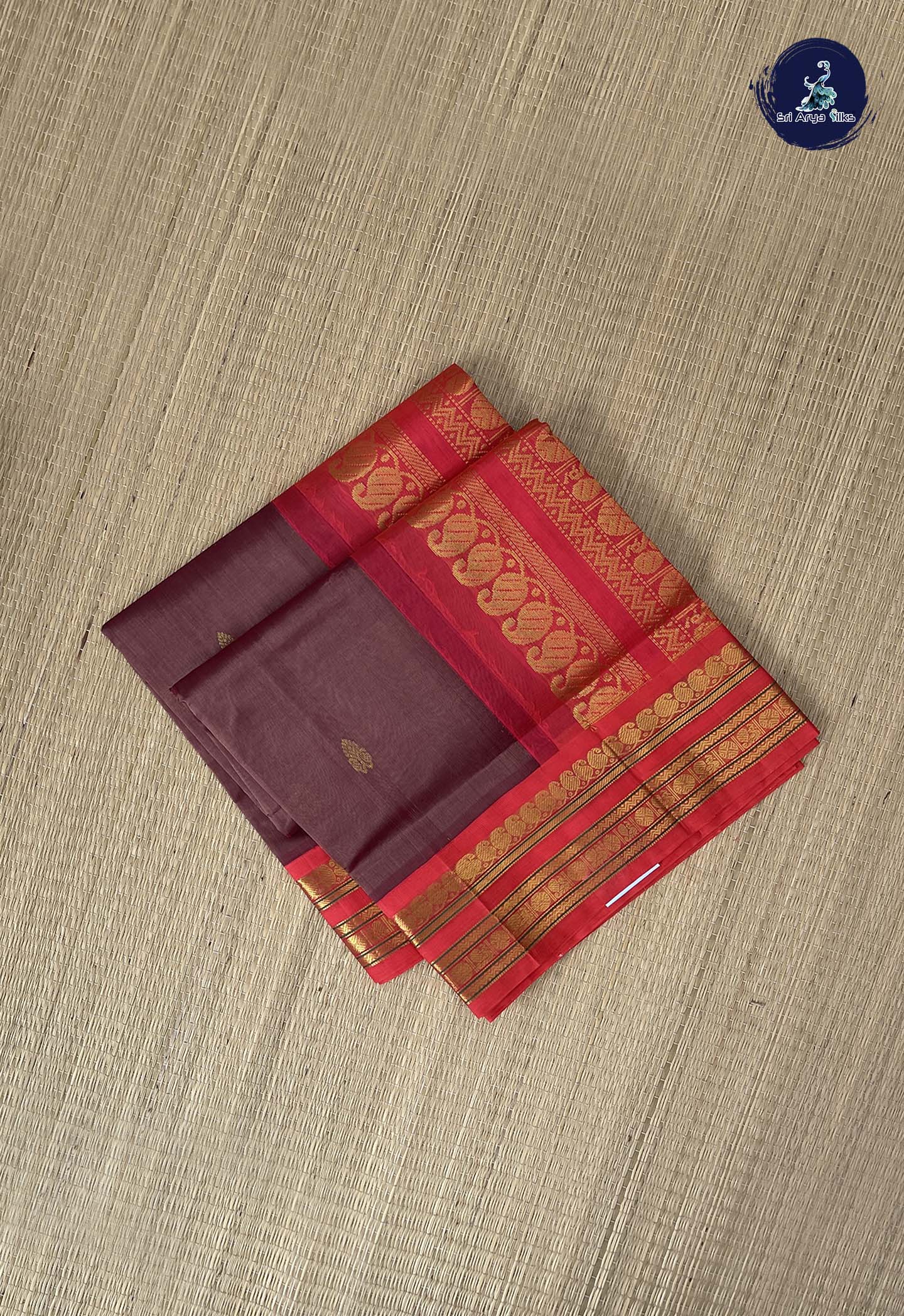 Chocolate Shade Korvai Silk Cotton Saree With Zari Buttas Pattern