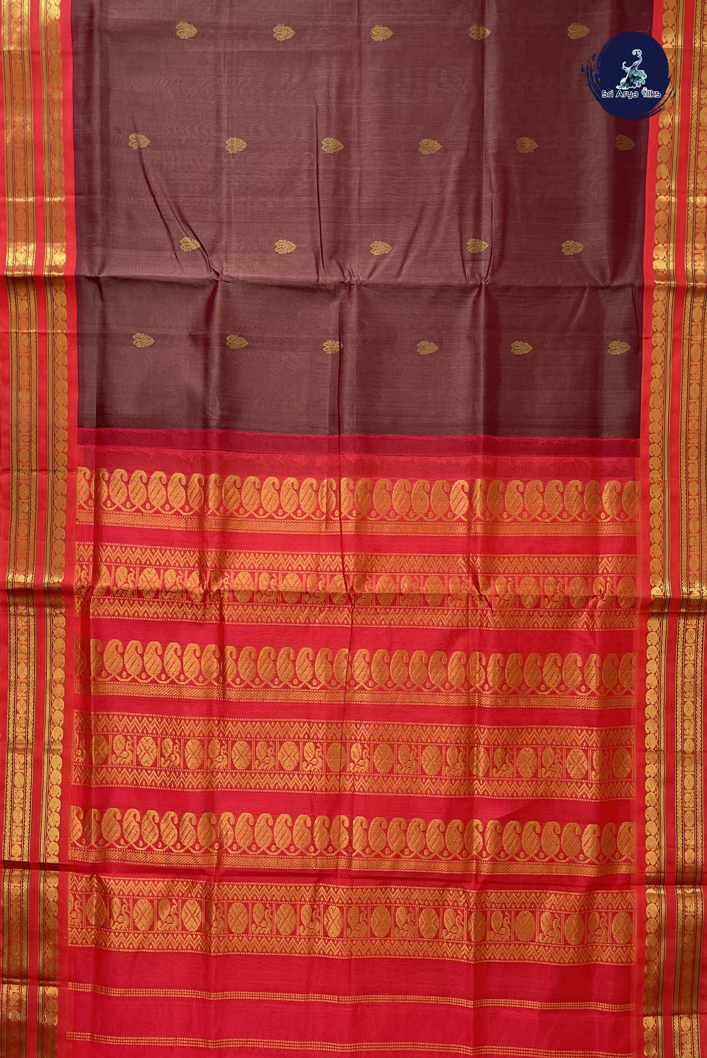 Chocolate Shade Korvai Silk Cotton Saree With Zari Buttas Pattern