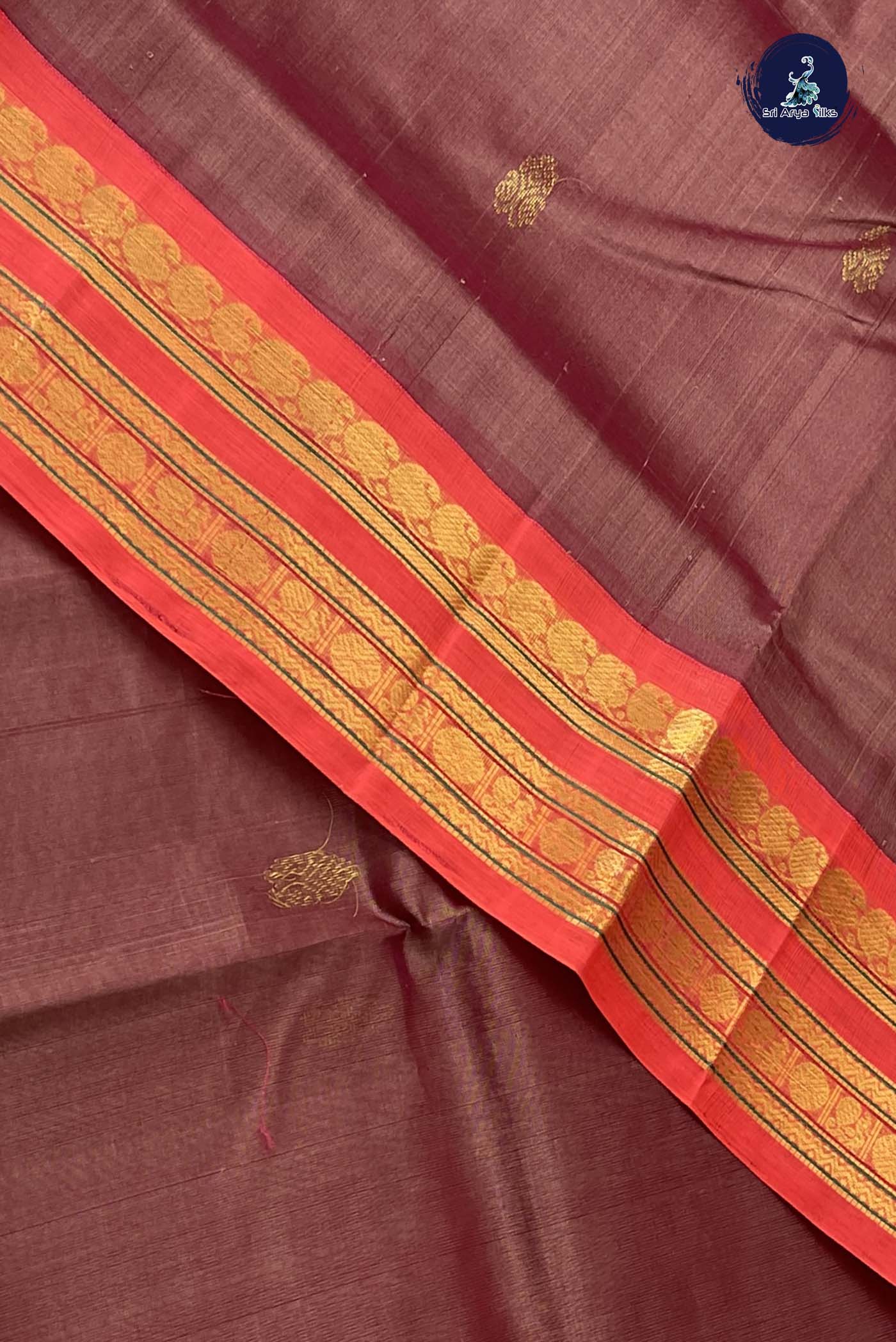 Chocolate Shade Korvai Silk Cotton Saree With Zari Buttas Pattern