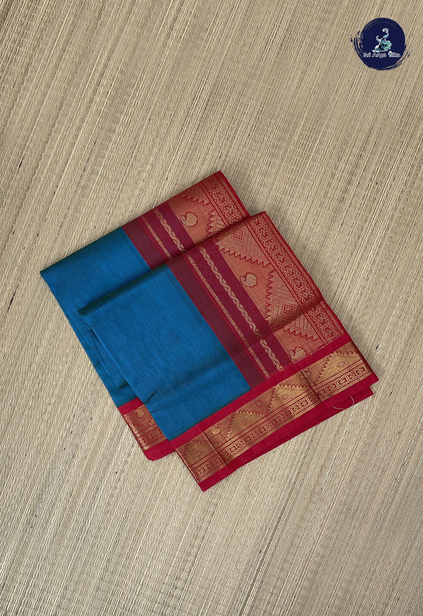 Peacock Blue Vaira Oosi Silk Cotton Saree With Vaira Oosi Pattern
