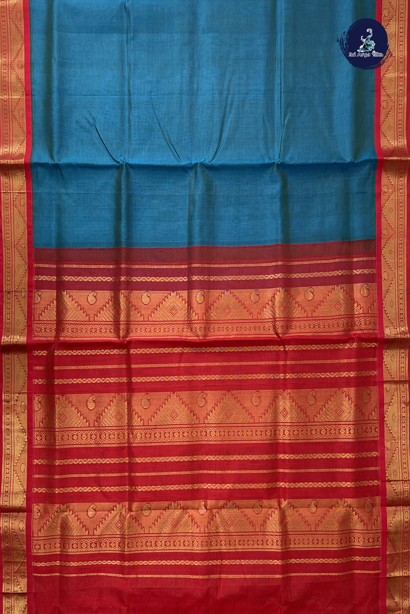Peacock Blue Vaira Oosi Silk Cotton Saree With Vaira Oosi Pattern