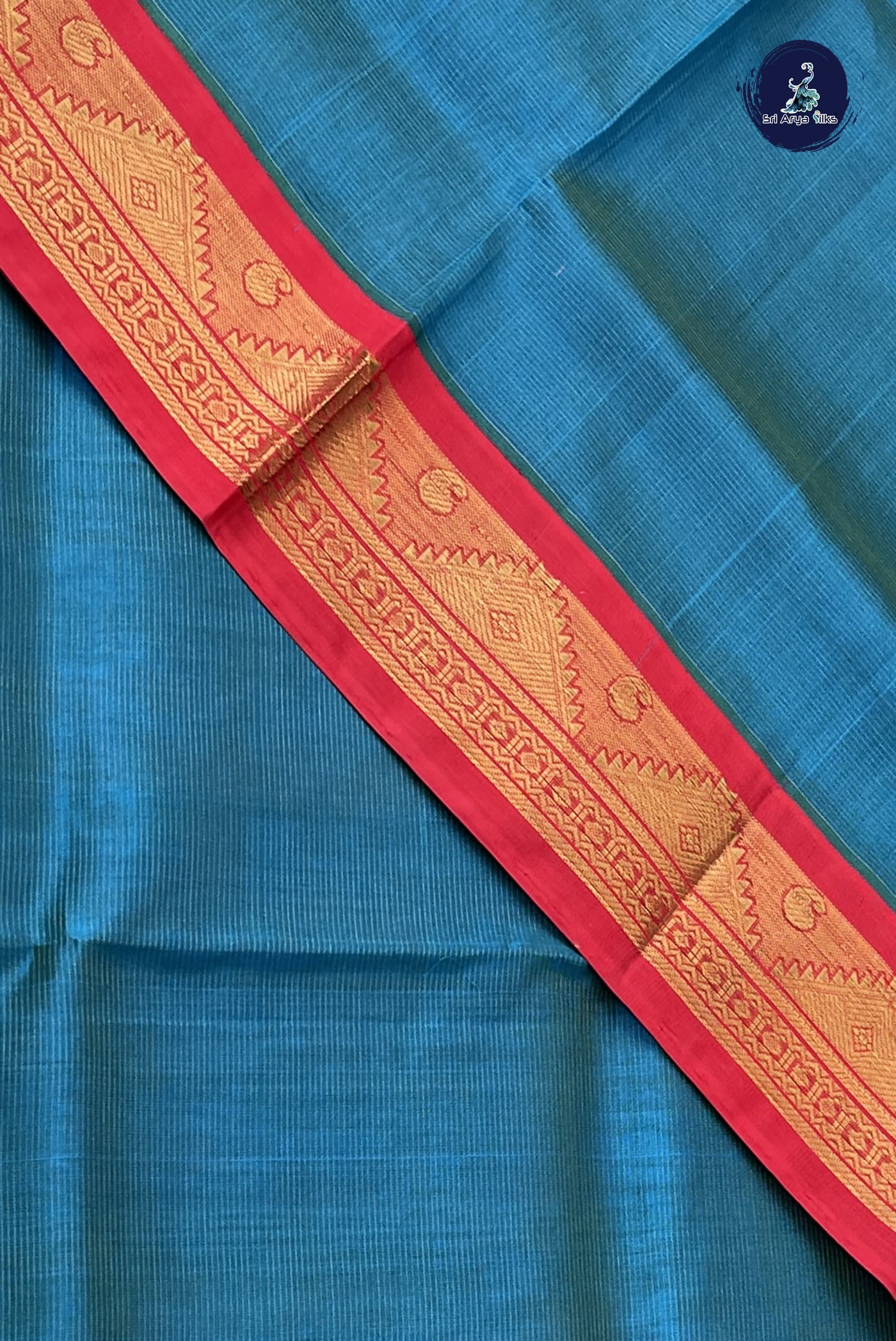 Peacock Blue Vaira Oosi Silk Cotton Saree With Vaira Oosi Pattern